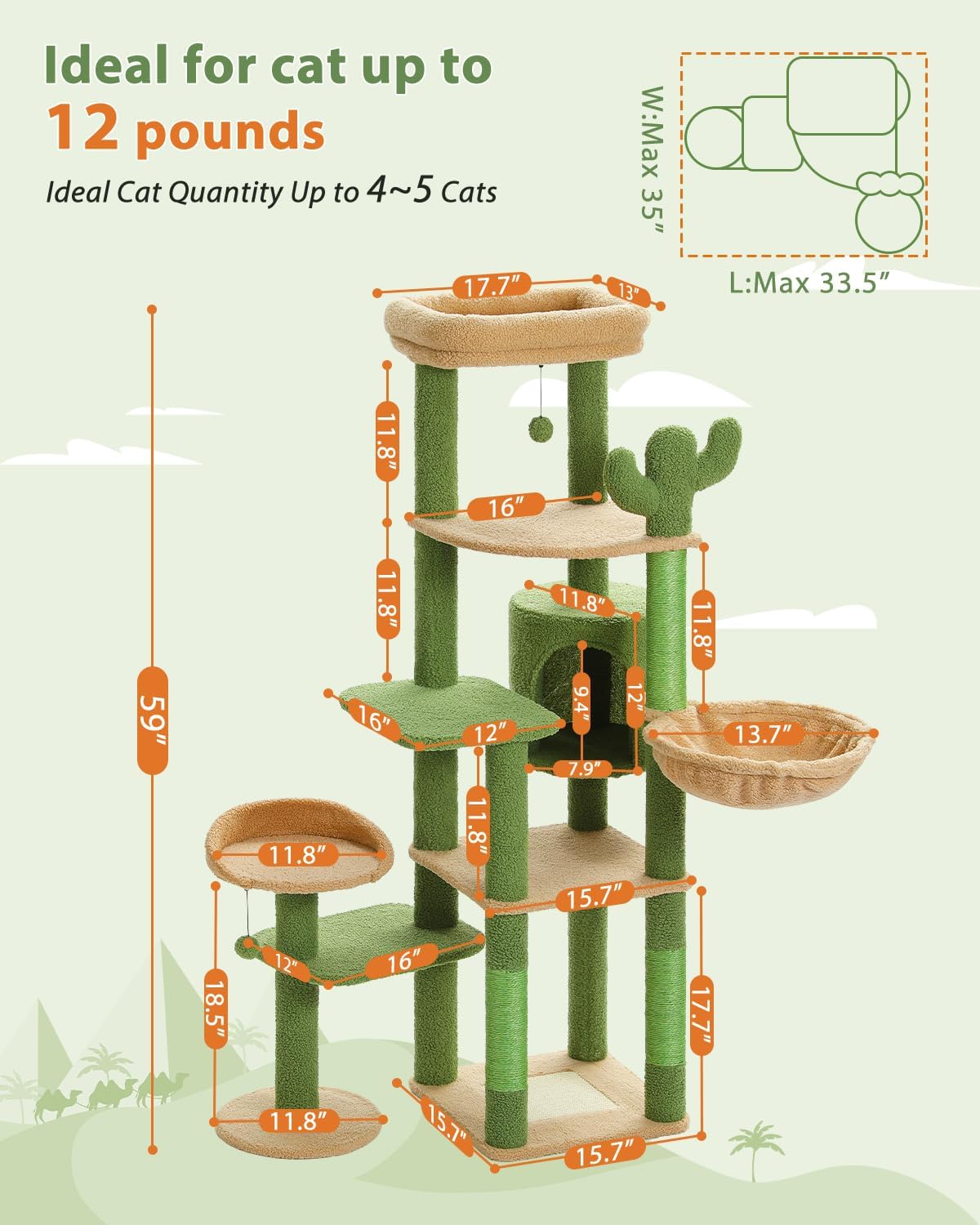 Árbol de cactus para gatos de 59 pulgadas, árbol grande para gatos de interior, torre para gatos grandes, torre para gatos de varios niveles,
