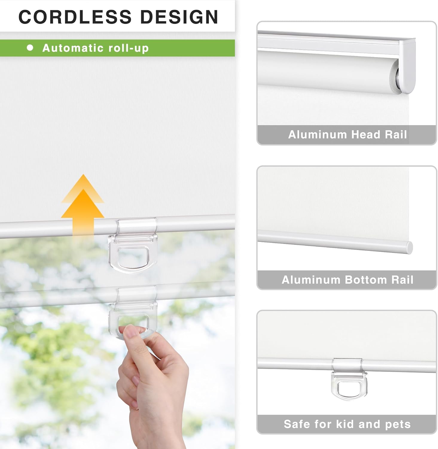 LazBlinds Persiana enrollable sin cordón, persianas opacas para ventanas, tela impermeable con aislamiento térmico, protección UV, persianas