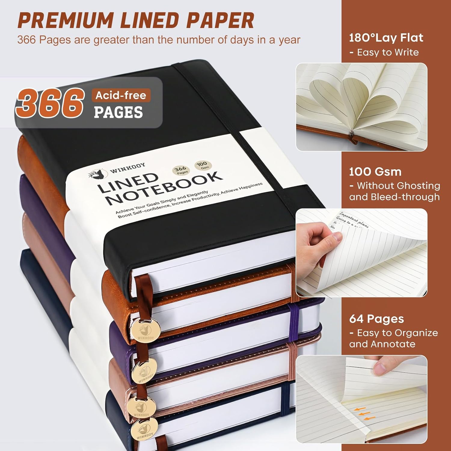 Cuaderno de diario rayado, 366 páginas, diarios de tapa dura de cuero para escribir grueso A5, cuaderno clásico con rayas universitarias con lazo