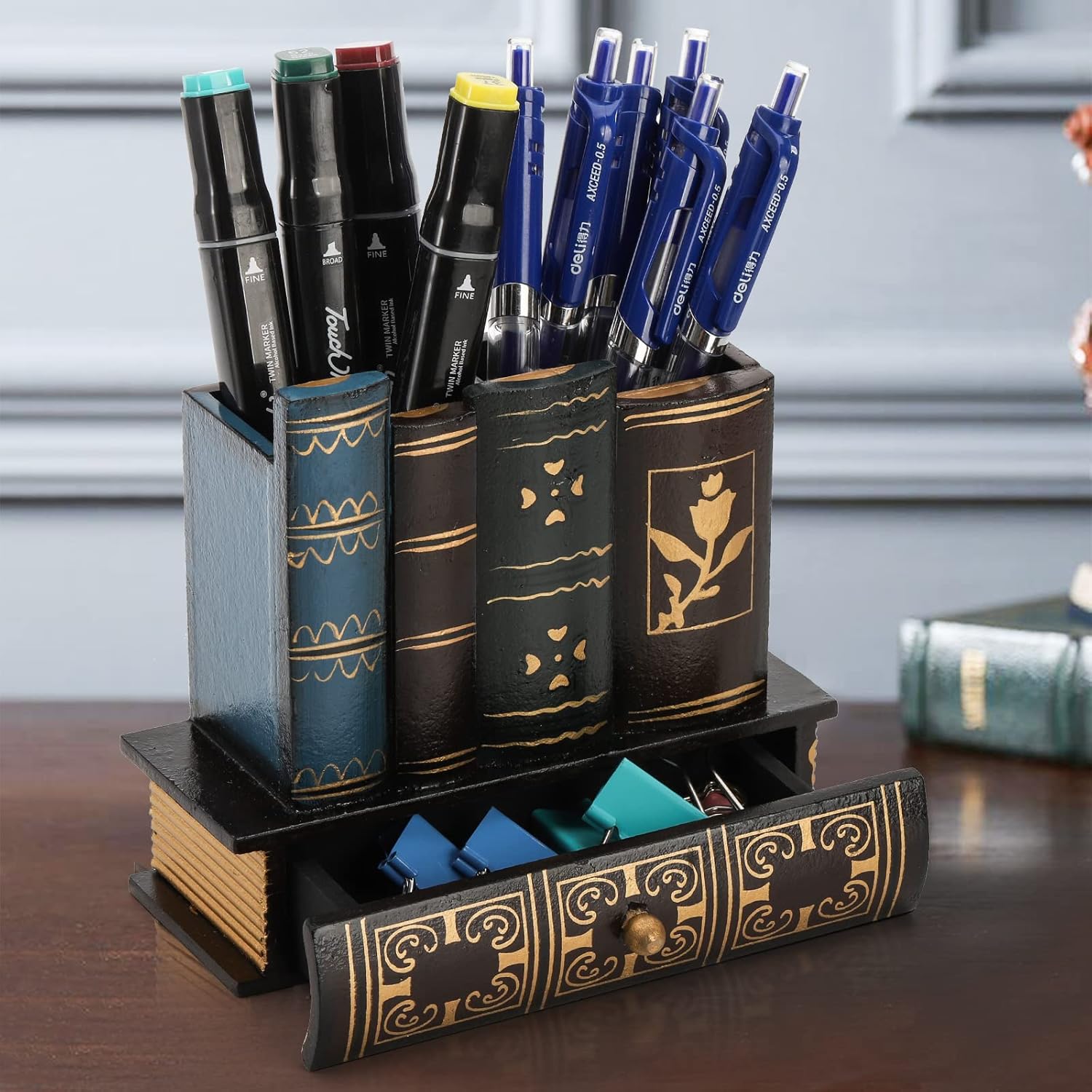 Tosnail Soporte decorativo para bolígrafos con cajón de almacenamiento, organizador de lápices de madera, organizador de libros de biblioteca
