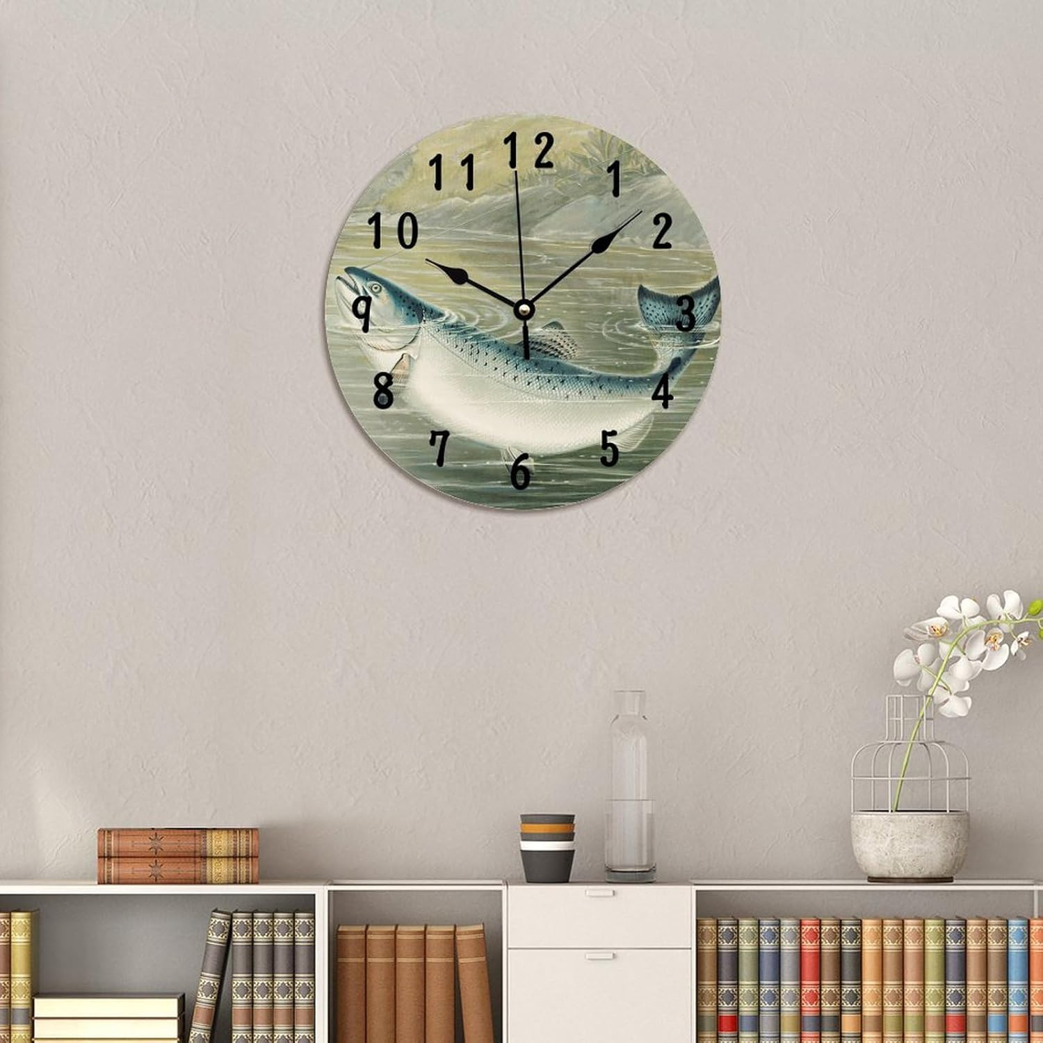 ArogGeld Reloj de madera con diseño de pez y trucha arco iris, regalo para amantes de la pesca, reloj de pared colgante con pilas, reloj de madera