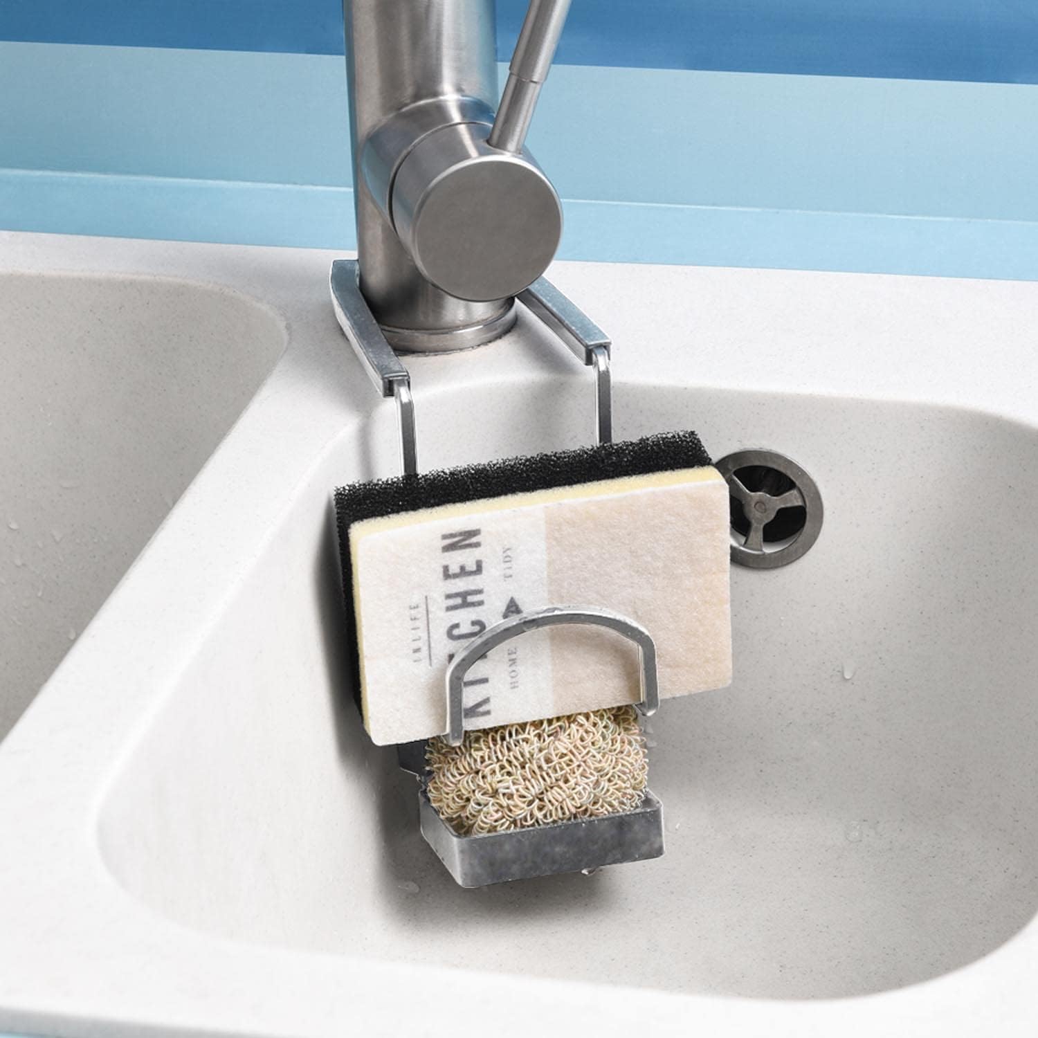Soporte de esponja de fregadero de acero inoxidable, organizador de cocina y baño pequeño, accesorio para grifo