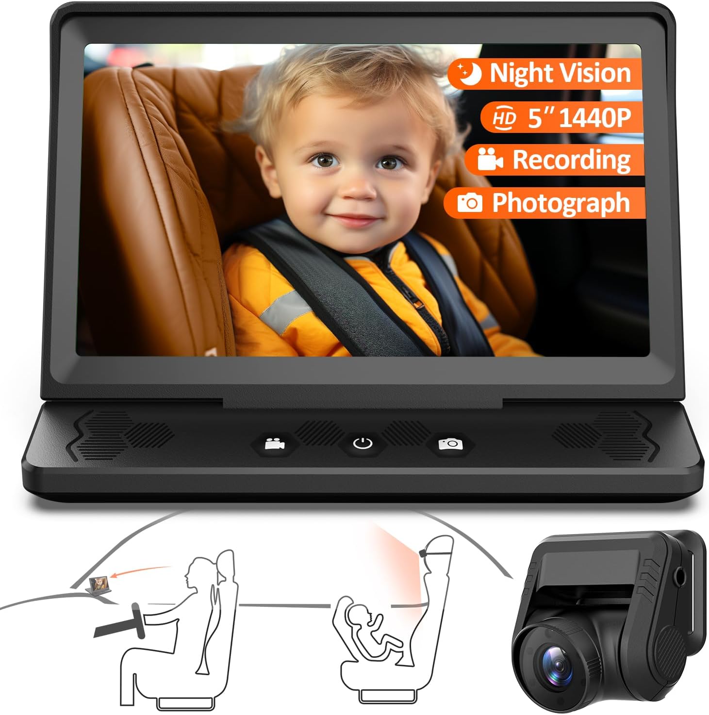 Cámara de coche para bebé HD 1440P, monitor de coche de bebé de 5 pulgadas con cámara de visión nocturna a todo color, espejo de seguridad infantil