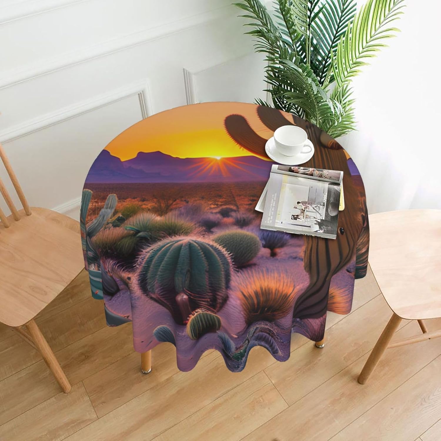 ZISHAK Mantel decorativo redondo Cactus Desert Sunsets transforma tus mesas de comedor y café con nuestro exuberante acento de lino