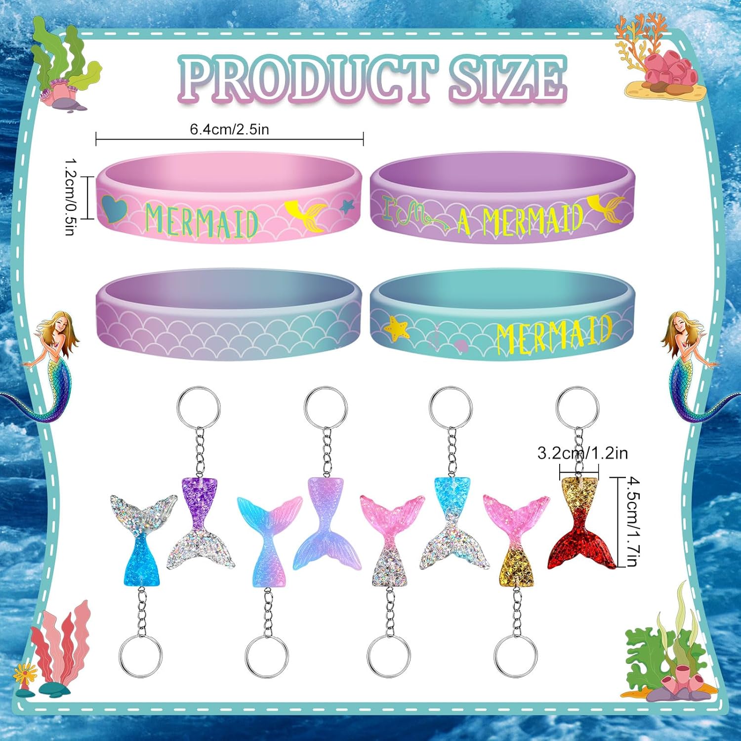 Aoriher Juego de 48 piezas de recuerdos de fiesta de sirena, 24 pulseras de silicona de sirena y 24 llaveros de cola de sirena con purpurina para