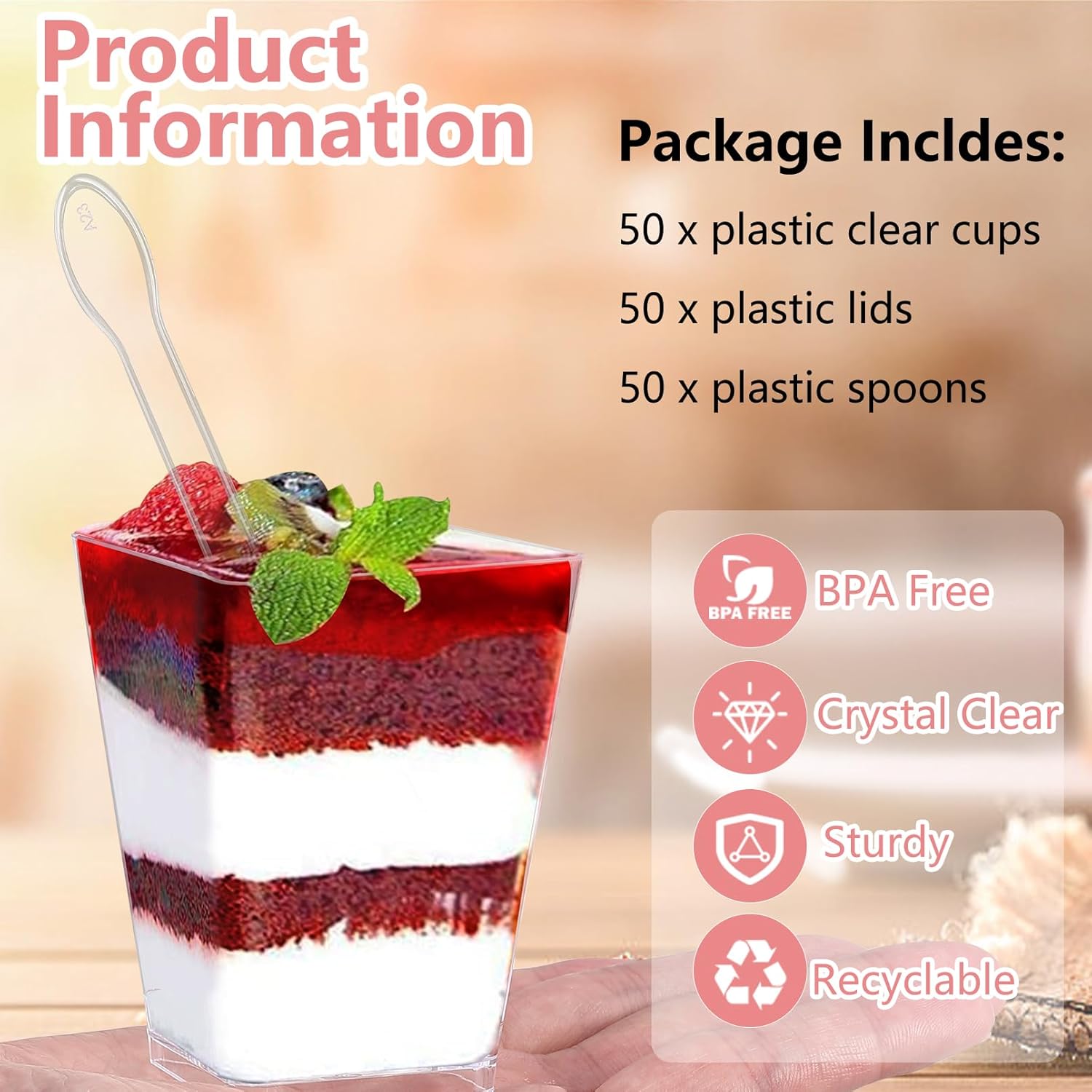 Paquete de 50 tazas de postre de 5 onzas con tapas y cucharas, tazas de parfait cuadradas transparentes, mini tazas de plástico para aperitivos,