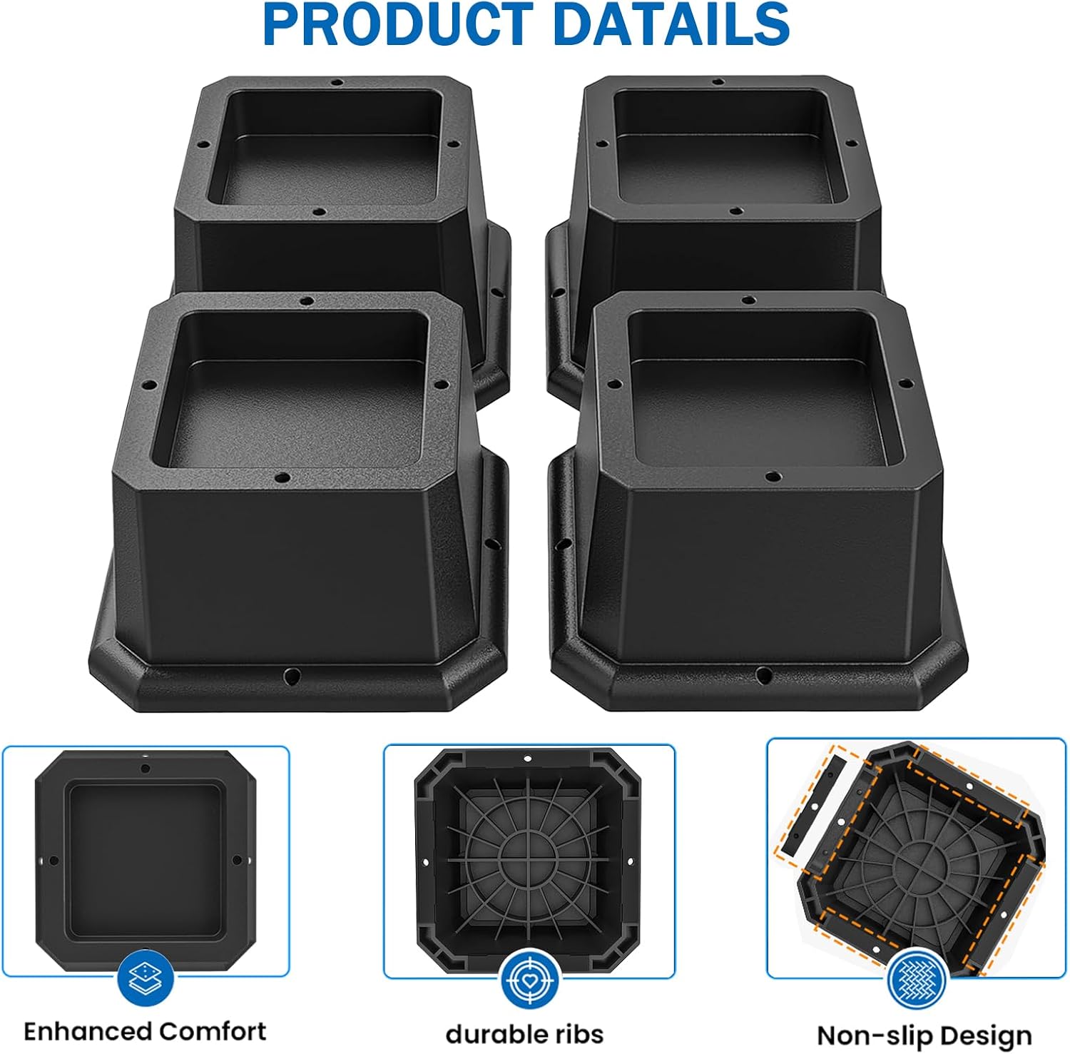 ANNKUT Elevadores de muebles de 2 pulgadas, elevadores de escritorio resistentes para silla y mesa, elevadores de cama (juego de 4 elevadores, negro)