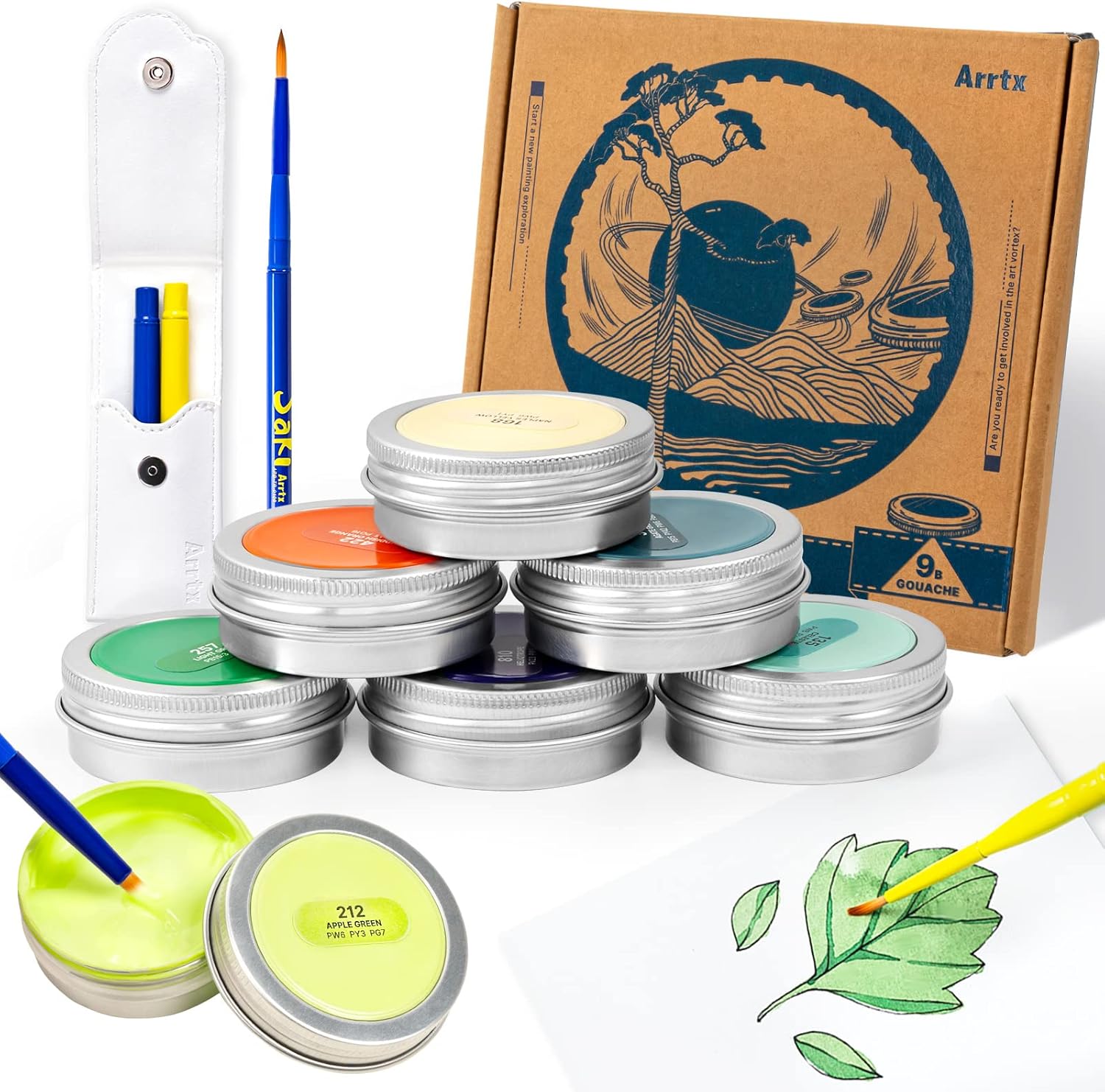 Arrtx Juego de pintura Gouache, 9 colores apagados x 1.3 fl oz (1.2 fl oz), pintura de acuarela con 2 pinceles de acuarela de viaje, punta redonda,