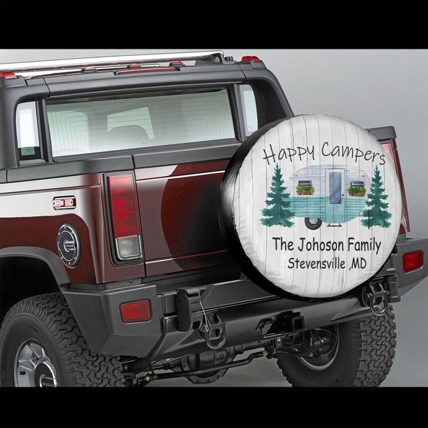 Happy Camper – Funda protectora para neumático de repuesto con nombre personalizado, para campamento, campamento, impermeable, para Jeep, remolque