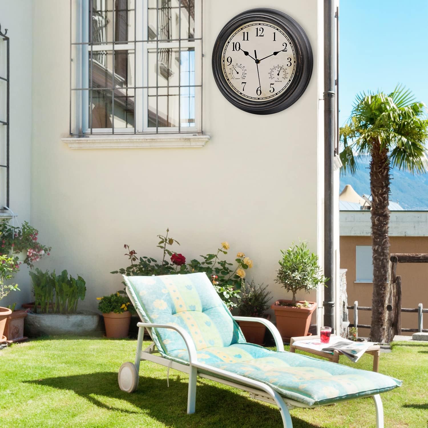 Reloj de pared retro impermeable de 12 pulgadas para interiores y exteriores, con termómetro e higrómetro, funciona con pilas, reloj de pared