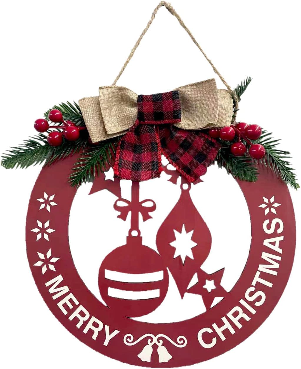 FRAKYEN Corona de madera de Navidad con nudos de lazo para decoración de puerta delantera, decoración de pared al aire libre