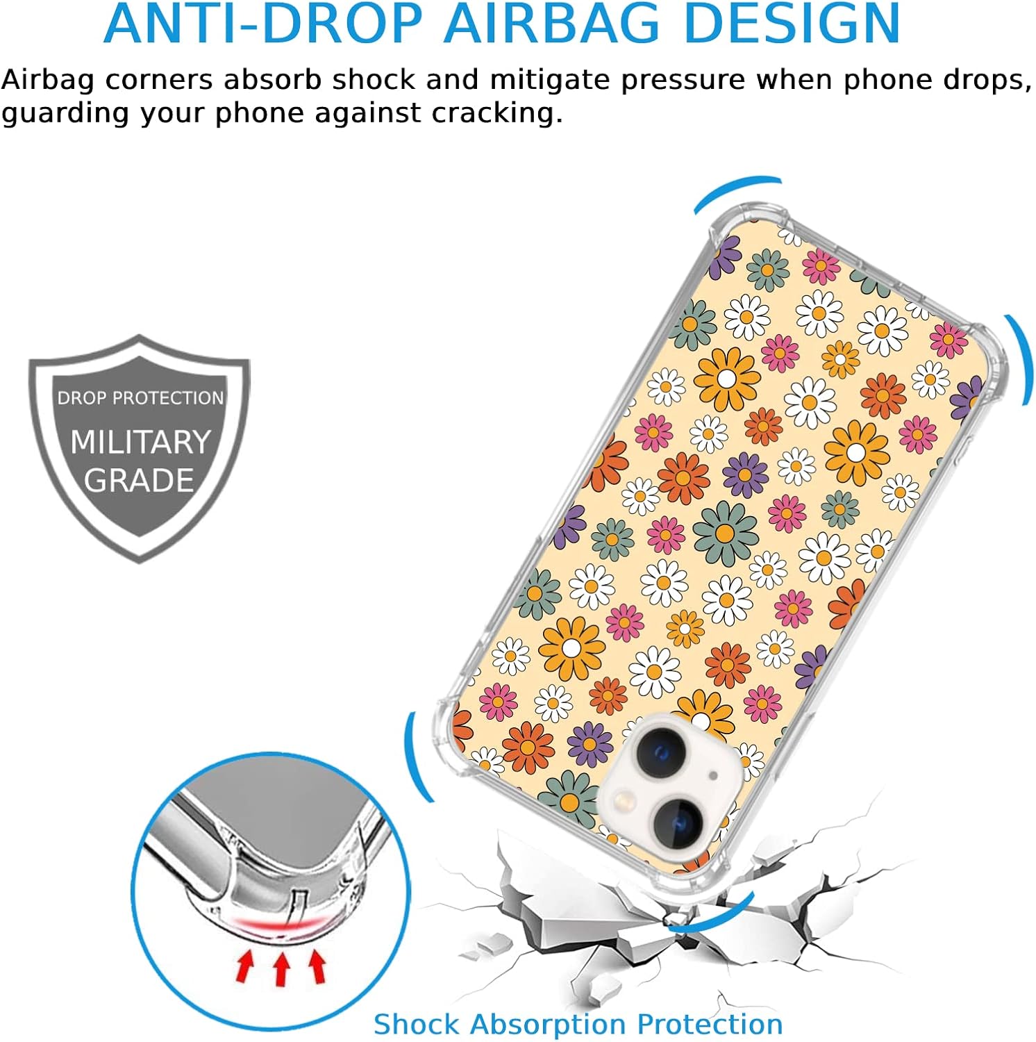 Hippie – Funda colorida de flores retro de los años 70 compatible con iPhone 15, bonita funda estética floral de margaritas para iPhone 15, funda de