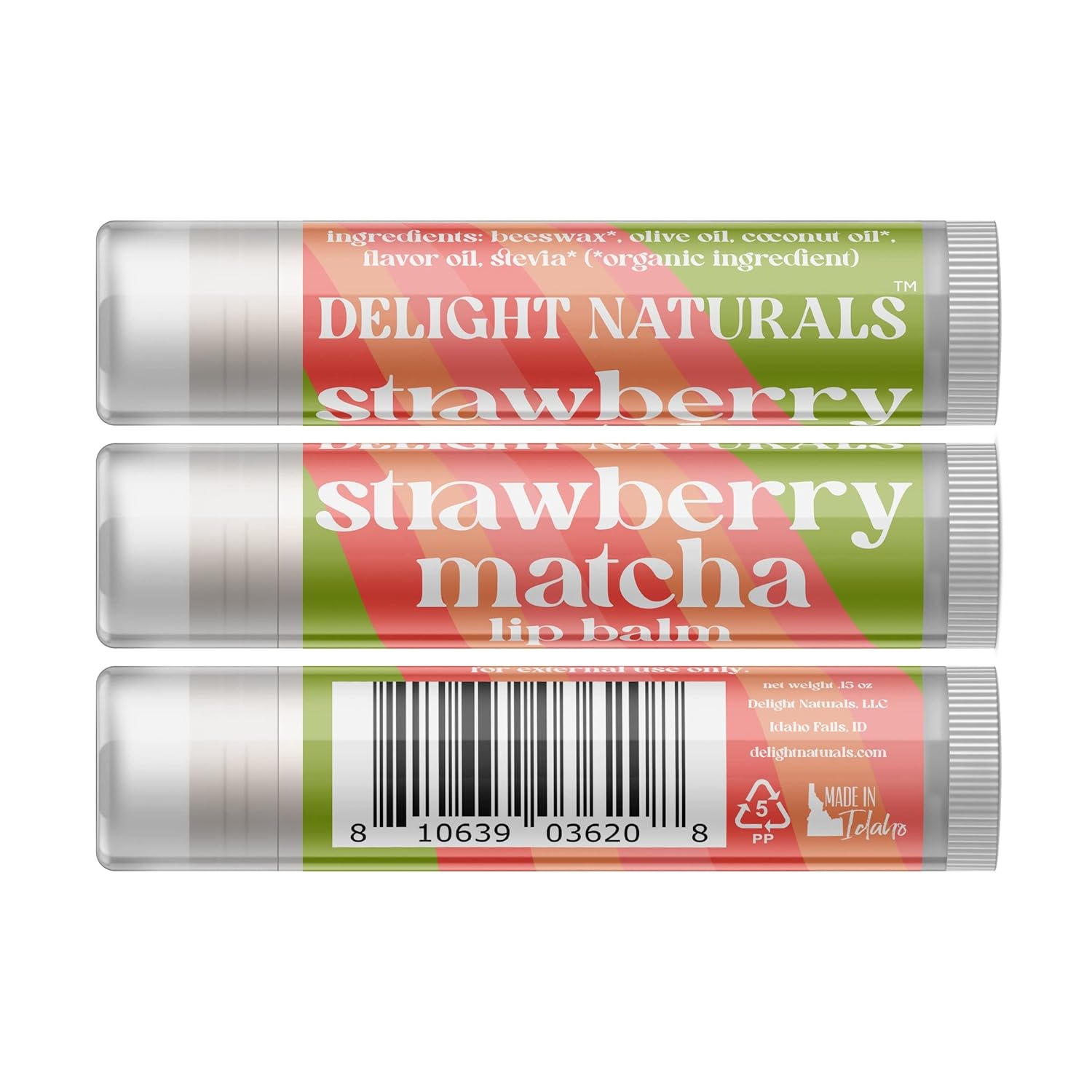 Delight Naturals Bálsamo labial Strawberry Matcha – Juego de tres