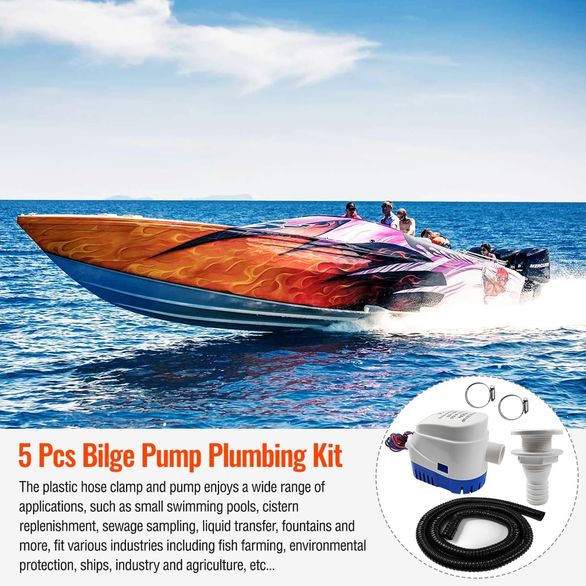 Kit de bomba de sentina automática para barcos, kit de plomería de bomba de sentina de 1-18 pulgadas, incluye bomba de sentina de 12 V 1100 Gph, 1