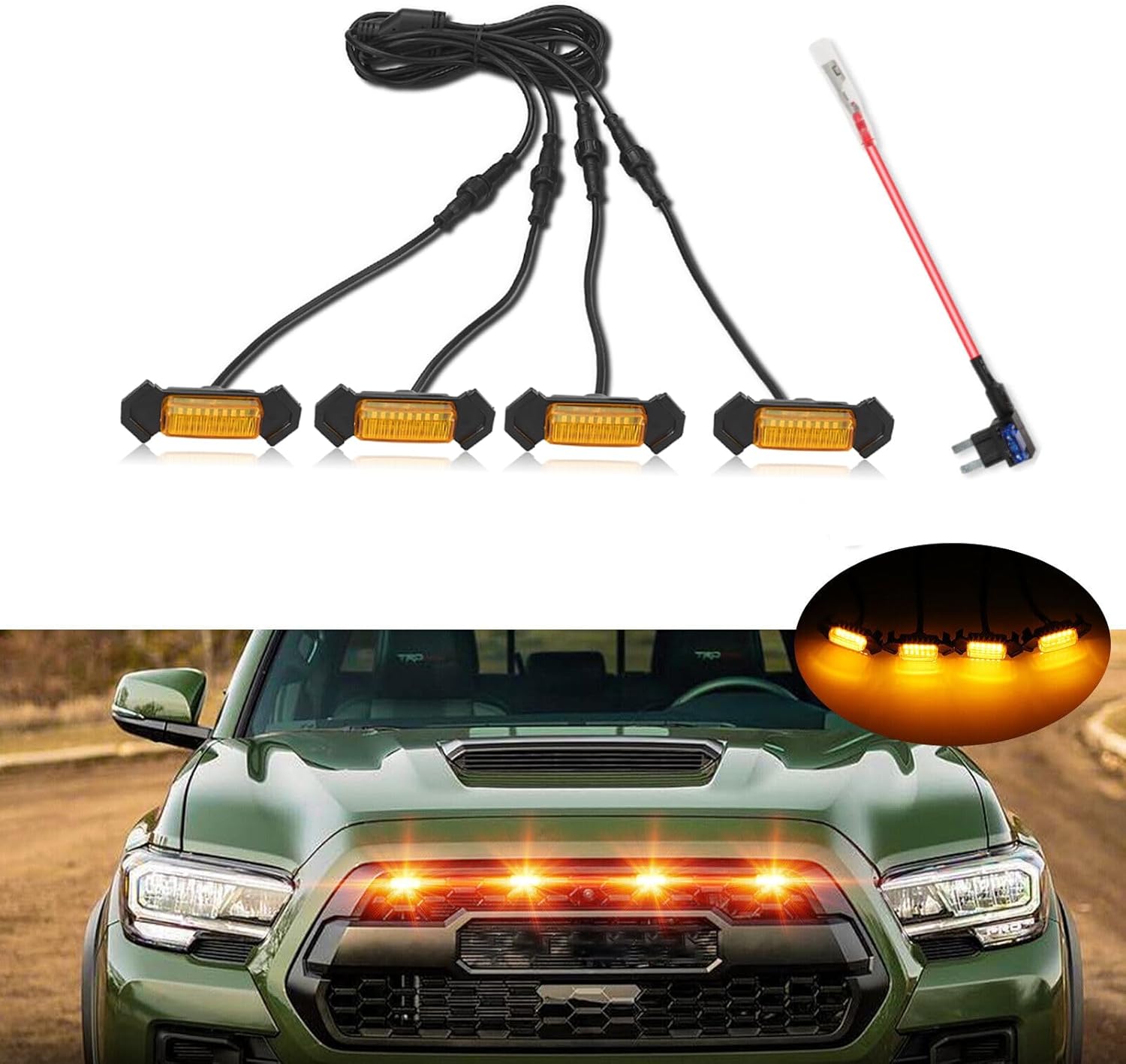 4 luces LED de rejilla para Toyota Tacoma TRD PRO 2016-2023 con fusible y arnés rejilla frontal de malla Raptor luces para Tacoma, carcasa ámbar con