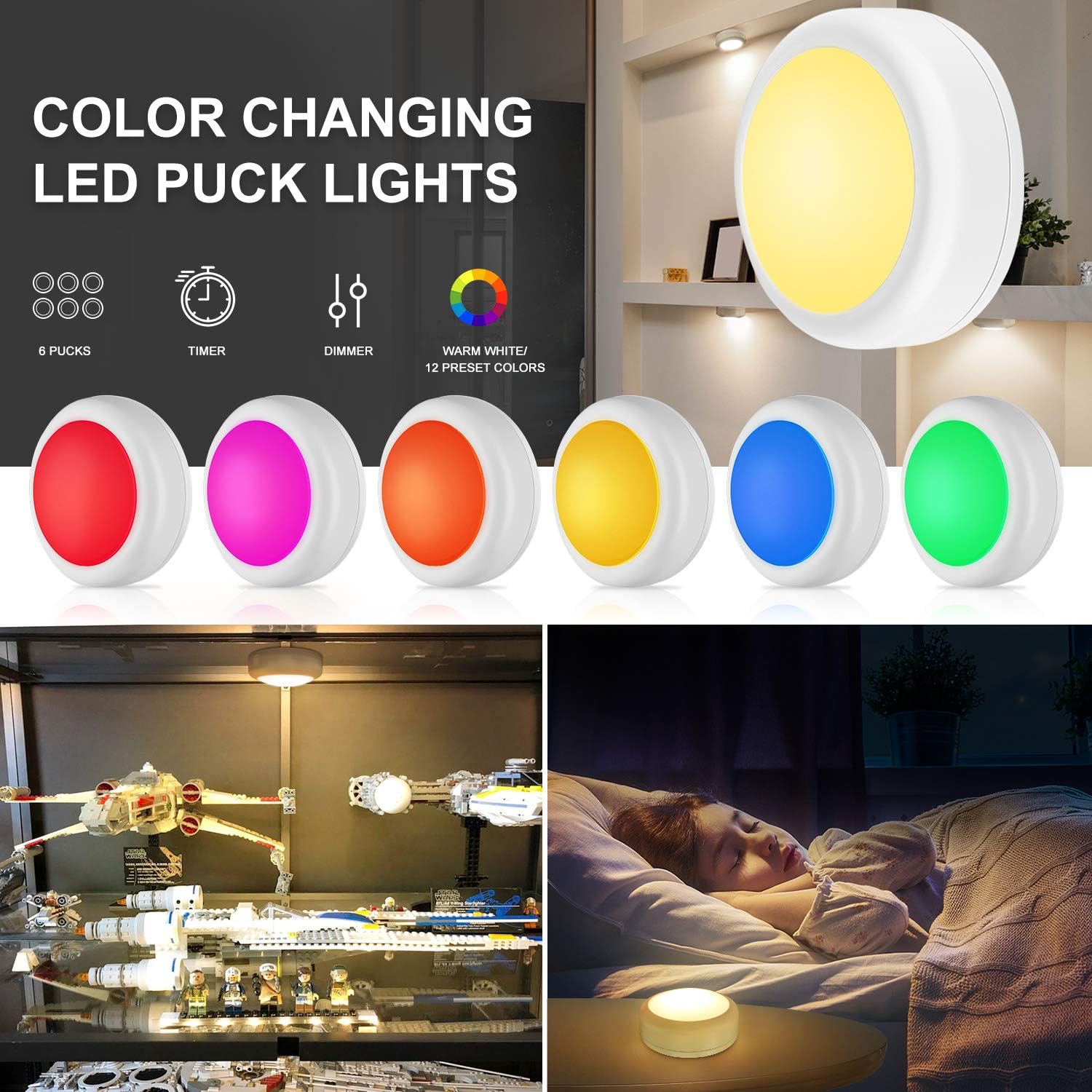 Iluminación LED para debajo del gabinete, funciona con pilas, 6 luces de disco con control remoto, luces de armario de cocina, luces adhesivas de 13