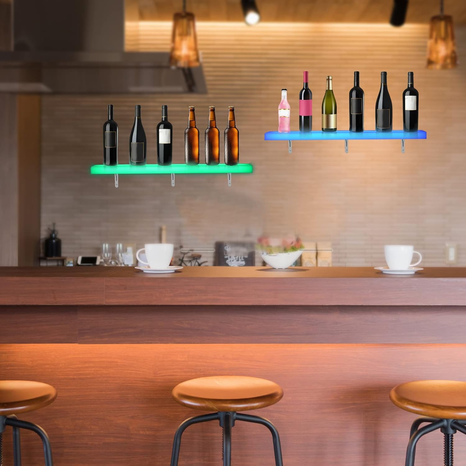 Gdrasuya10 Paquete de 2 estantes LED de exhibición de botellas de licor montados en la pared, estante de barra con luz LED, estantes LED flotantes