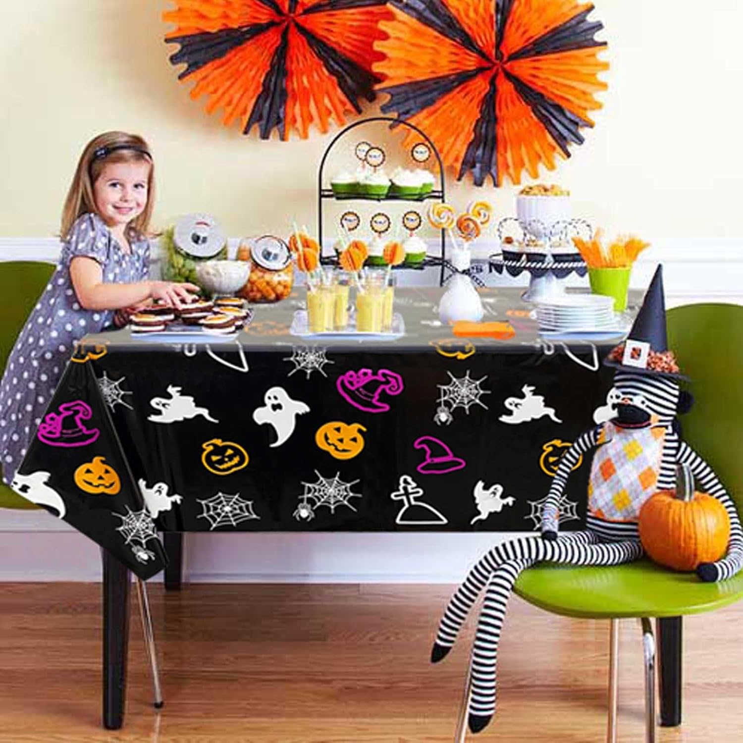 Mantel de plástico de Halloween, funda desechable de tela de araña para decoración de mesa de casa encantada, mantel rectangular negro de Halloween,