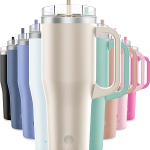 ALBOR Vaso de 40 onzas con tapa y popote, vaso aislado de acero inoxidable duradero con asa, a prueba de fugas, botellas de agua a prueba de ALBOR Vaso de 40 onzas con tapa y popote, vaso aislado de acero inoxidable duradero con asa, a prueba de fugas, botellas de agua a prueba de