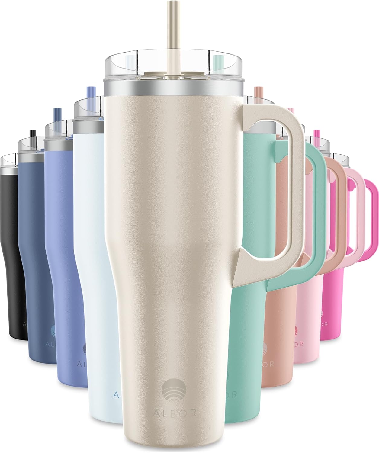 ALBOR Vaso de 40 onzas con tapa y popote, vaso aislado de acero inoxidable duradero con asa, a prueba de fugas, botellas de agua a prueba de