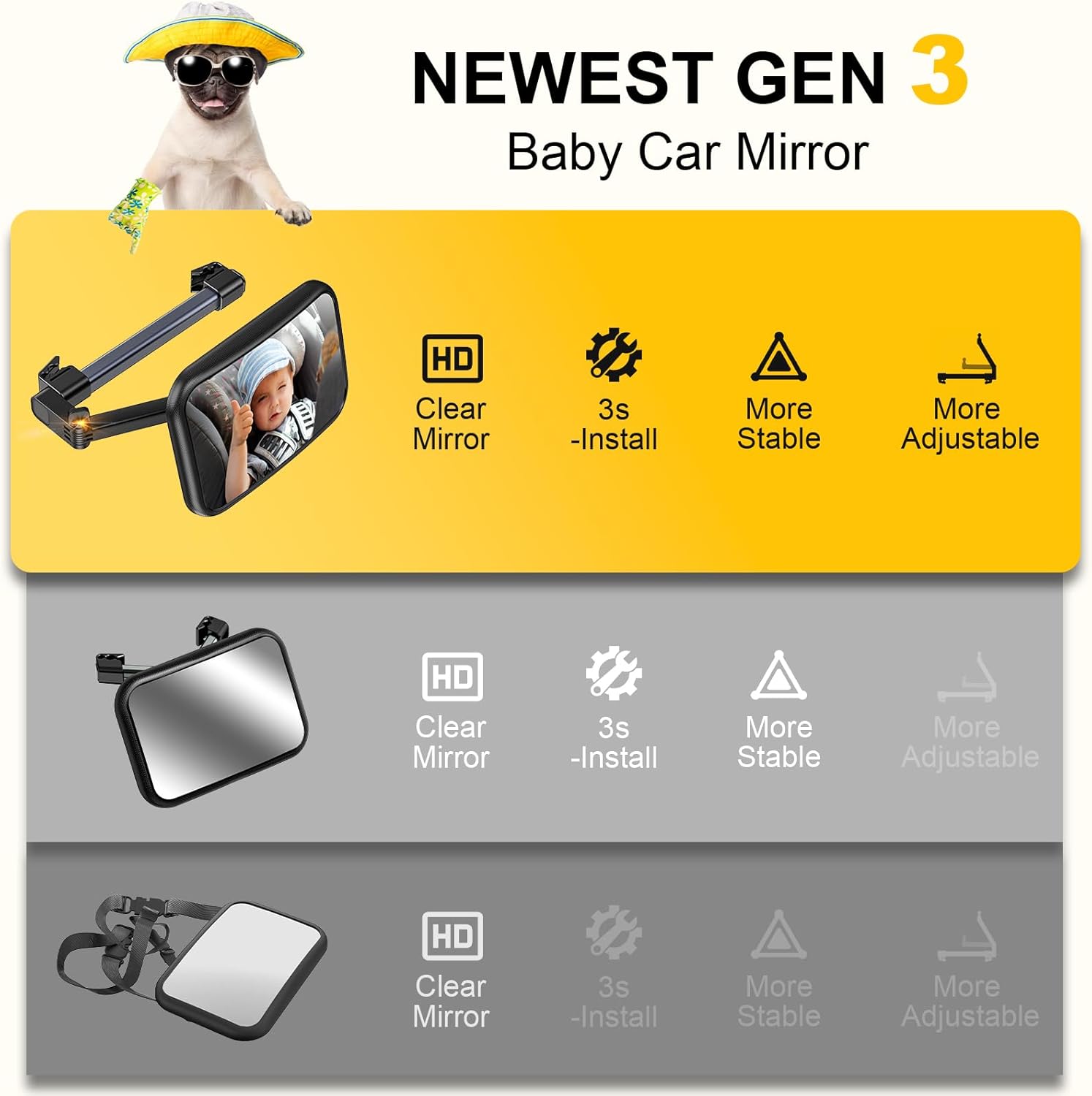 TAZENI Espejo de coche para bebé, espejo de coche elástico para bebé, espejo de bebé de cuidado de 360 para asiento trasero para asiento trasero
