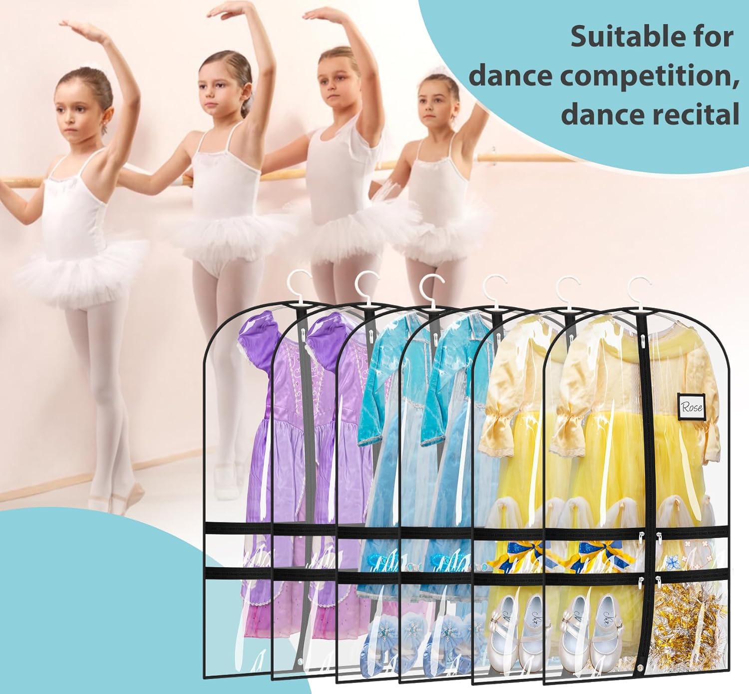 SLEEPING LAMB Paquete de 6 bolsas transparentes para ropa de baile para bailarines con 4 bolsillos, bolsa de ropa de baile de 40 pulgadas para niños