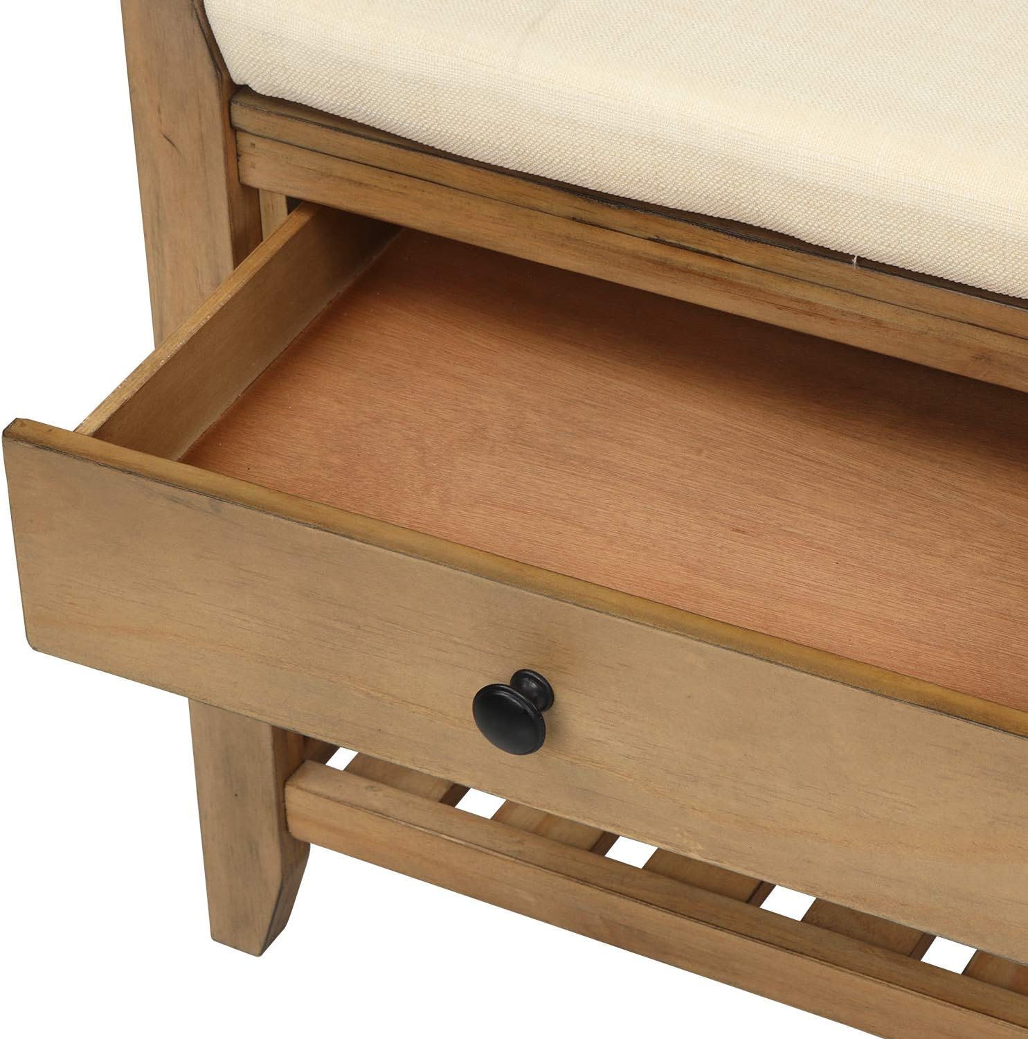 SSLine Banco de almacenamiento de zapatos con 2 cajones y asiento acolchado, banco de entrada de madera moderno de 39 pulgadas, estante de