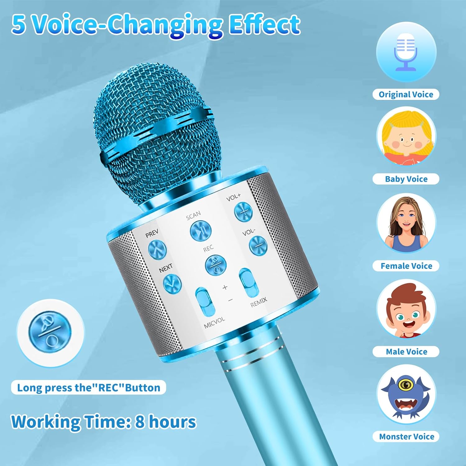 Justcool Micrófono de karaoke para niños, micrófono inalámbrico Bluetooth 5 en 1, micrófono de karaoke portátil de mano con altavoz, grabadora de