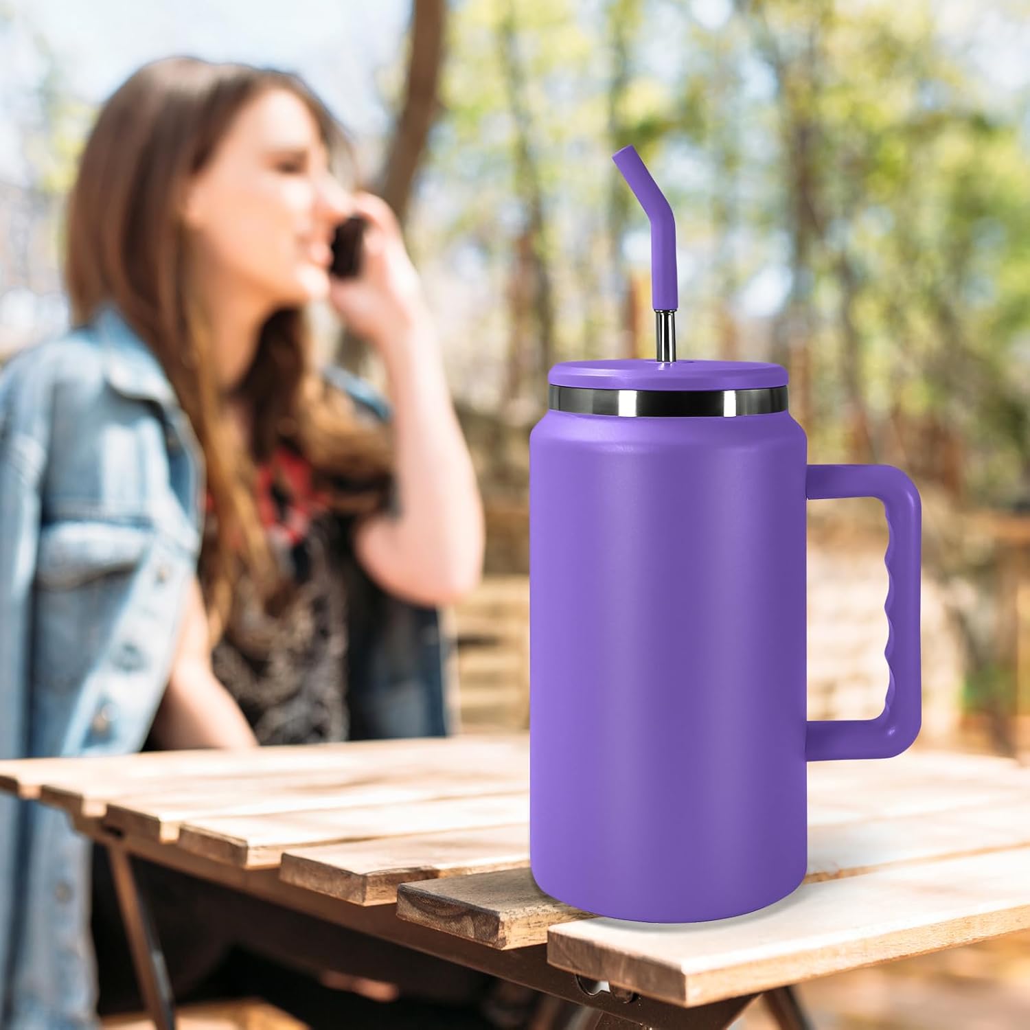 AGH Vaso de 50 onzas con asa, taza aislada de acero inoxidable de doble pared sellada al vacío con tapa y popote, mantiene el agua fría 36 horas,