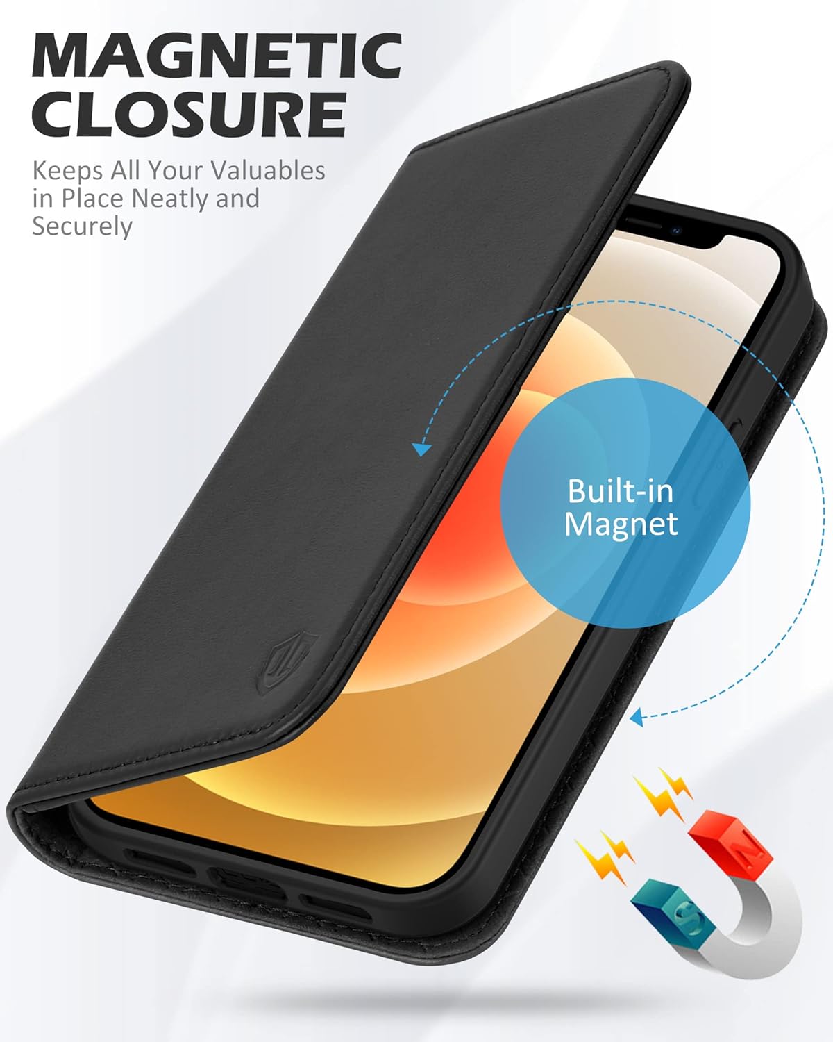 SHIELDON – Funda para iPhone 1212 Pro, cuero genuino, cubierta magnética, tarjetero con bloqueo RFID, kickstand, funda protectora a prueba de