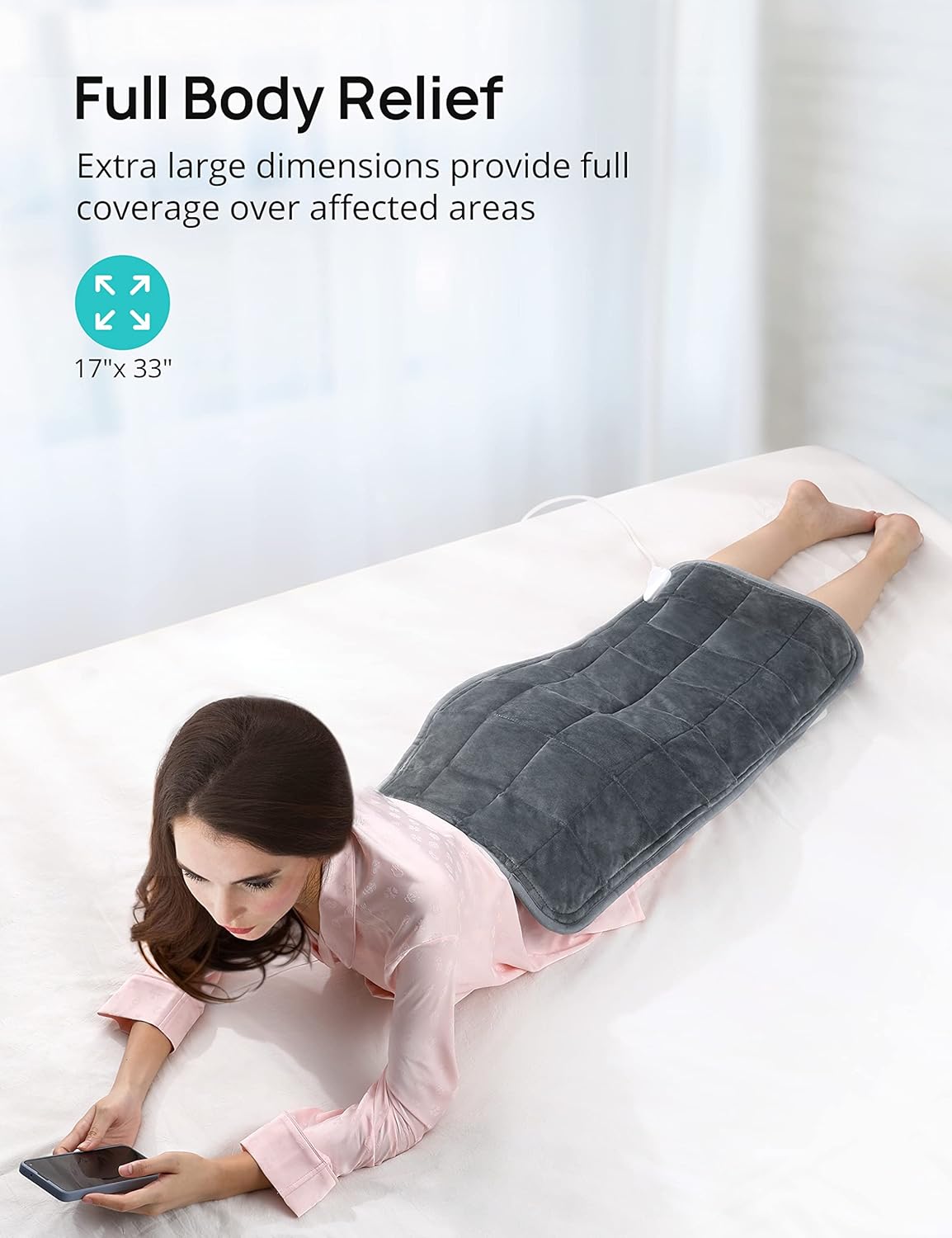 Almohadilla térmica pesada de 17 x 33 pulgadas XXXL para aliviar el dolor de espalda, 5 libras con 6 ajustes de calor, almohadilla térmica de