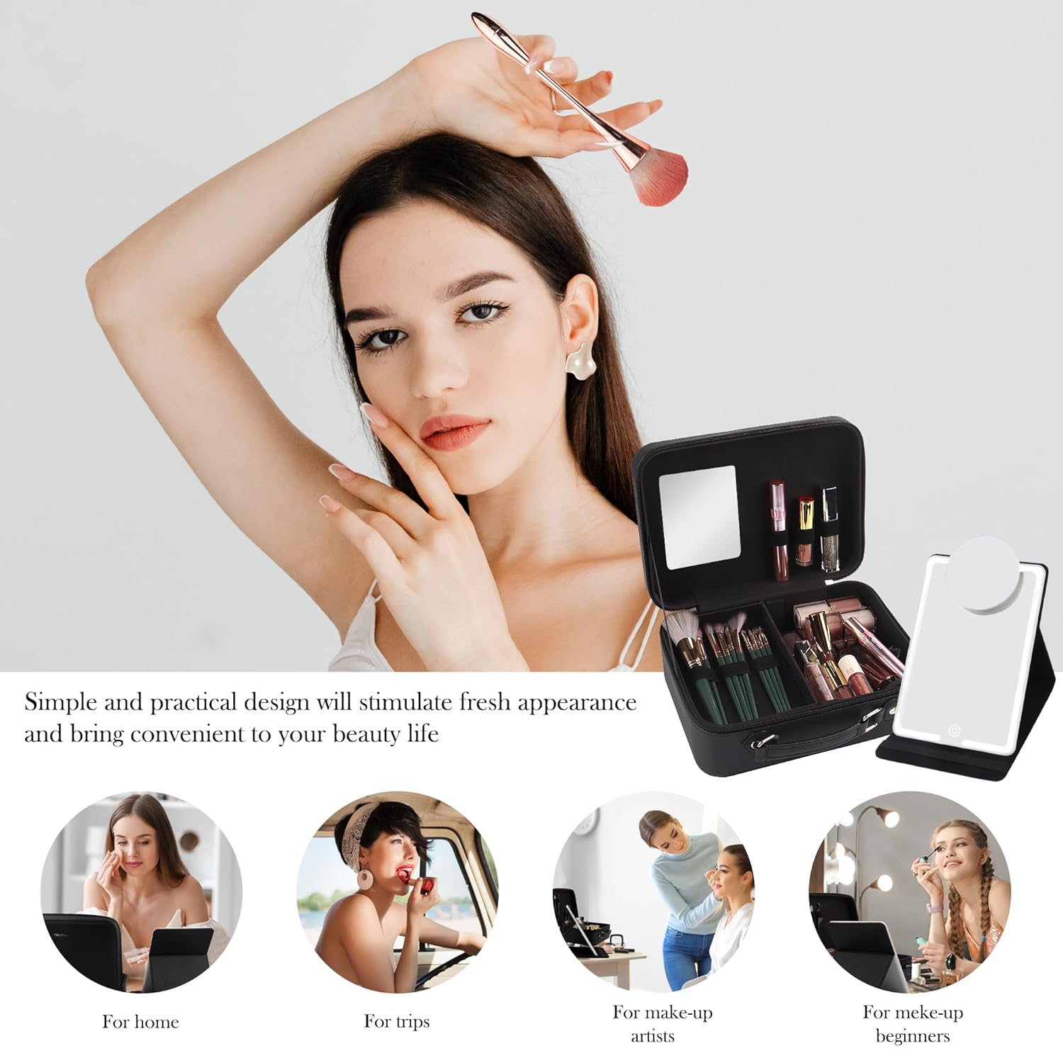 WangSelect Estuche de tren de maquillaje, organizador de bolsas de cosméticos con espejo de maquillaje iluminado plegable portátil y espejo de
