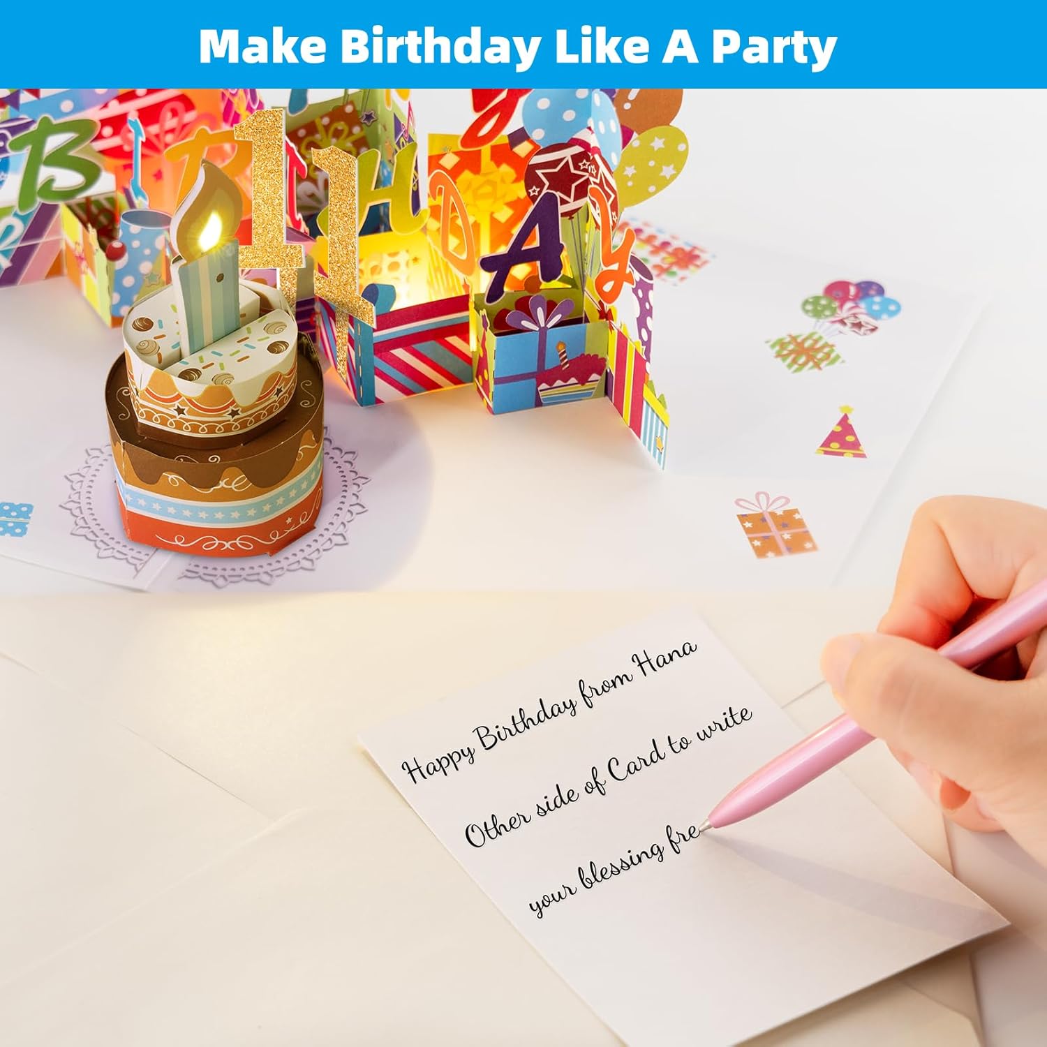 Gumry Tarjeta de cumpleaños número 11, tarjeta desplegable de cumpleaños musical soplable con luz LED, canción “Happy”, decoraciones de cumpleaños