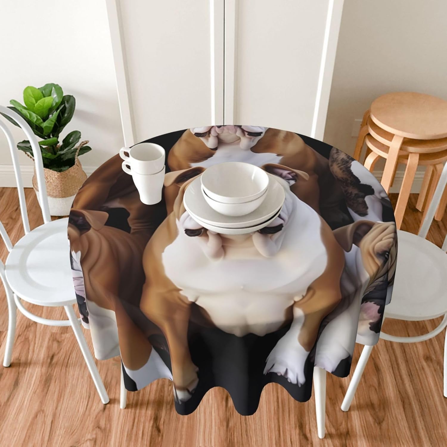 RLDOBOFE Mantel redondo de 60 pulgadas impermeable con estampado de bulldogs ingleses, mantel circular para cocina, comedor, arrugas, mantel redondo