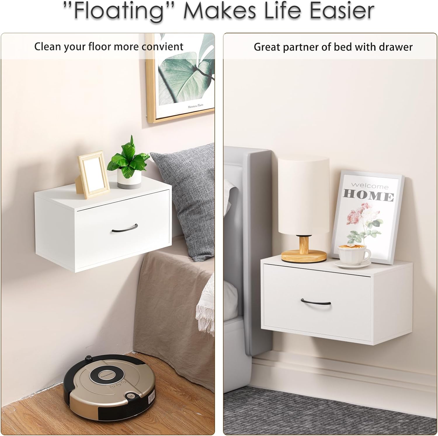 Mesita de noche flotante con cajón, estante de noche montado en la pared, mesa auxiliar de cama blancamesita de noche con cajón, estantes de pared