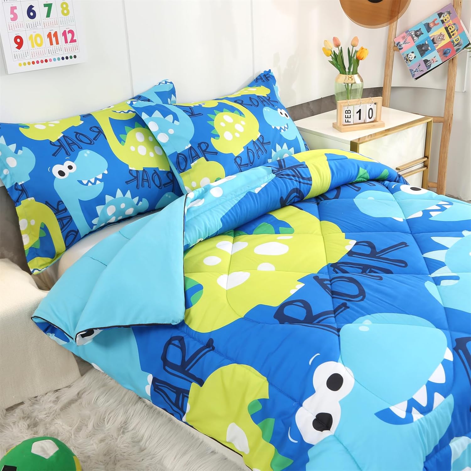 ENCOFT Juego de edredón de dinosaurio tamaño individual para niñas y niños, juego de ropa de cama de dinosaurios de 3 piezas de alta calidad, color