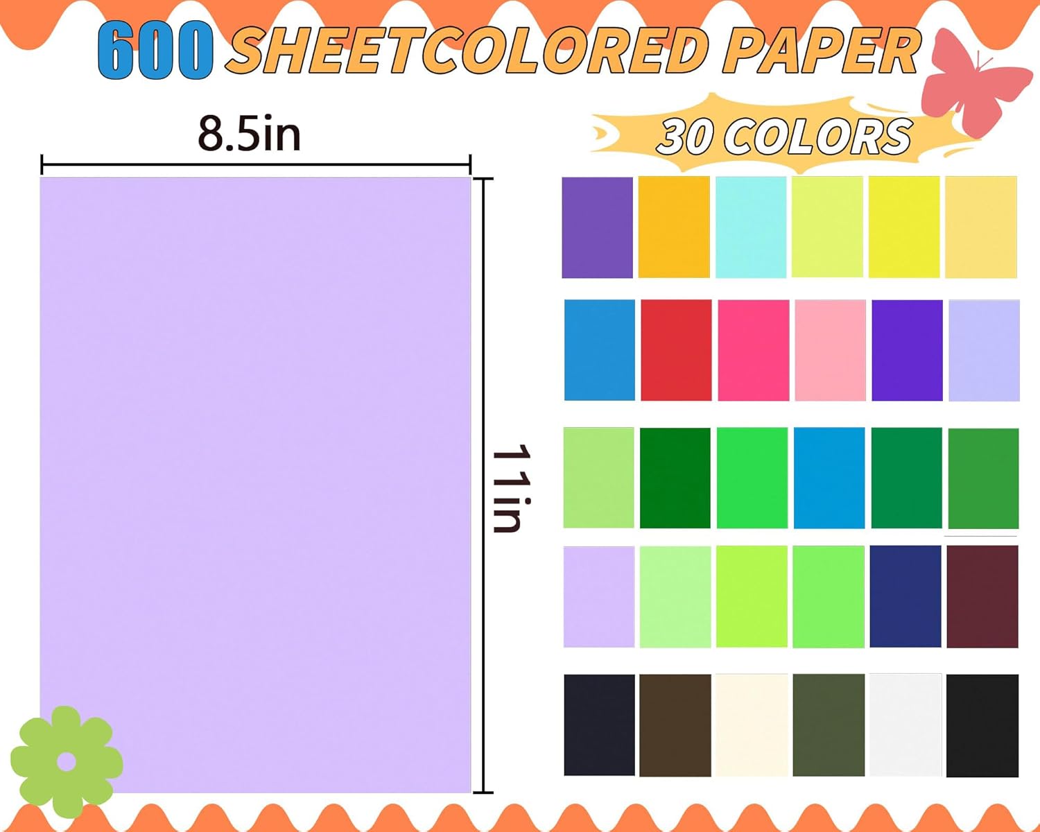Cartulina de colores a granel, 600 hojas, papel de cartulina de 8.5 x 11 pulgadas, 30 colores surtidos, papel de construcción de tarjetas de 180