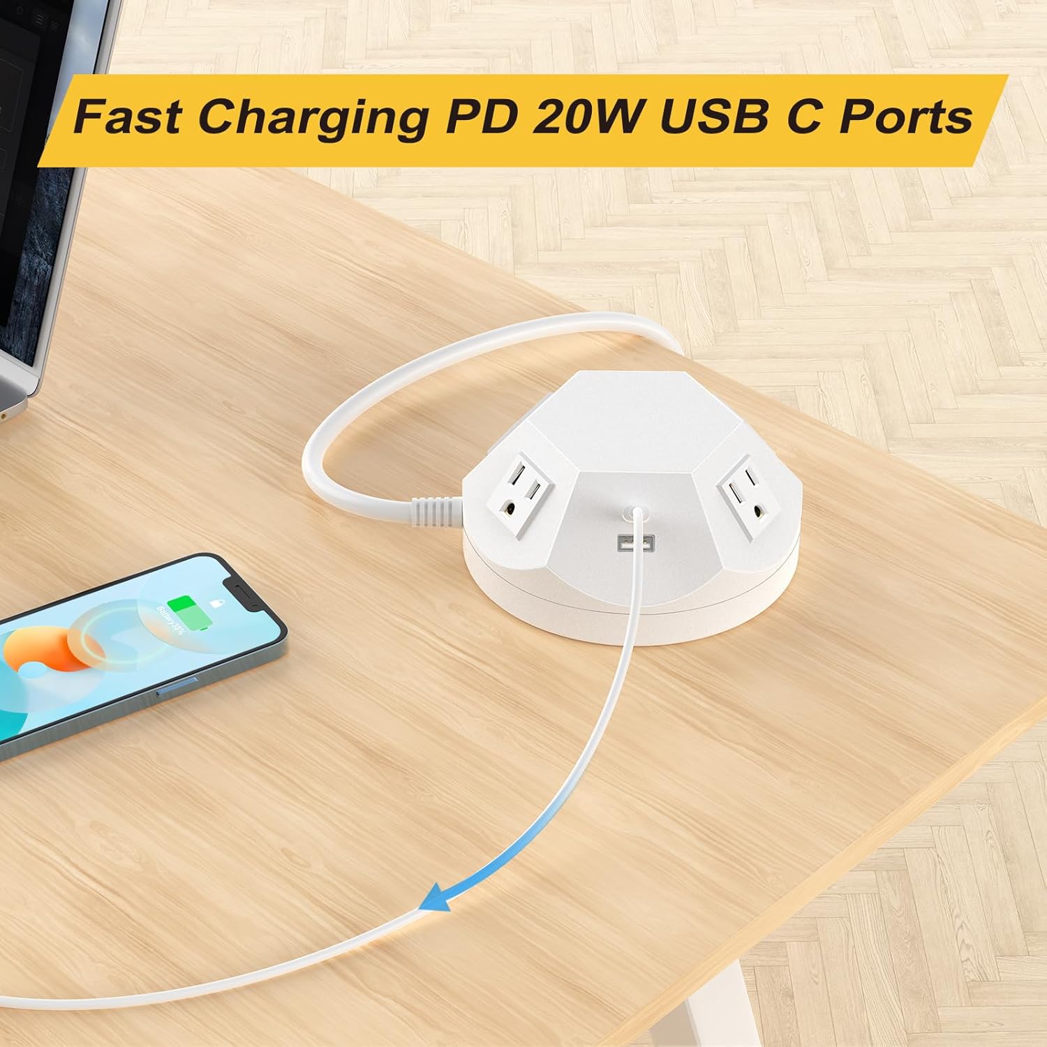 Torre de regleta con puertos USB C PD de 20 W, protector de sobretensiones con 4 tomas de corriente y 4 puertos USB, cable de extensión de 6.56