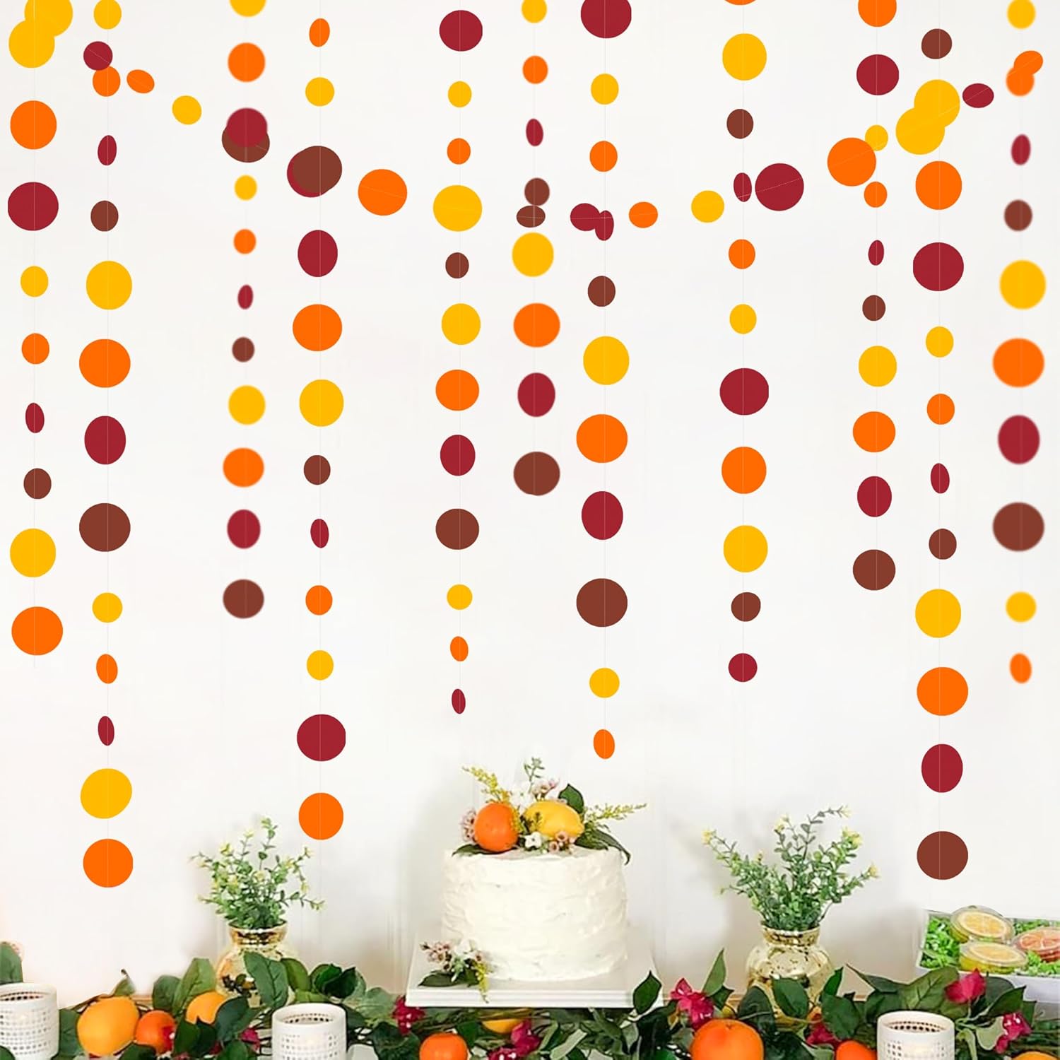 Decoraciones de fiesta de otoño de 46 pies, guirnaldas de lunares naranja, amarillo, borgoña, marrón, papel para colgar, serpentina de puntos para