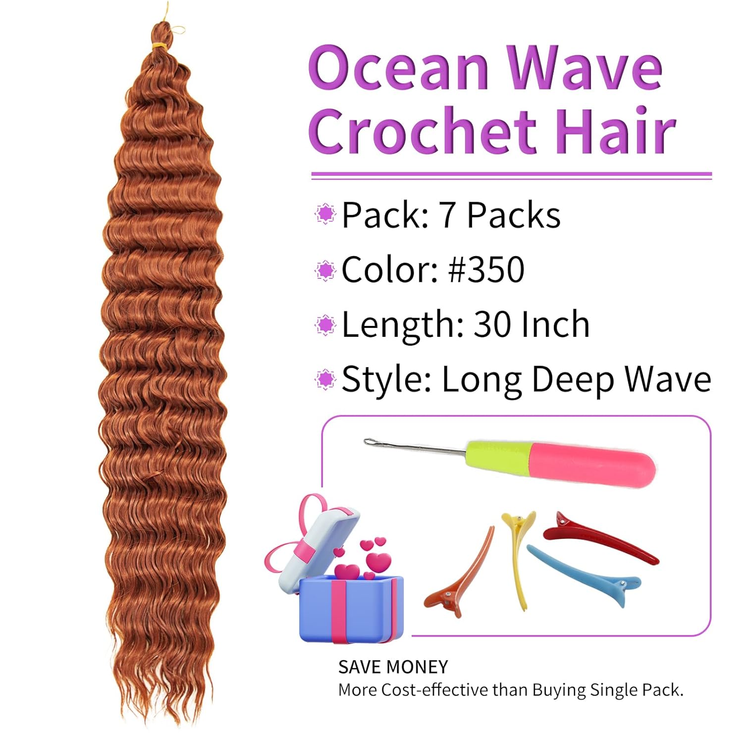 QRHSUKA Cabello ondulado de ganchillo Ocean Wave de 30 pulgadas, 7 paquetes de cabello rizado rizado jengibre para mujeres negras, trenzado de