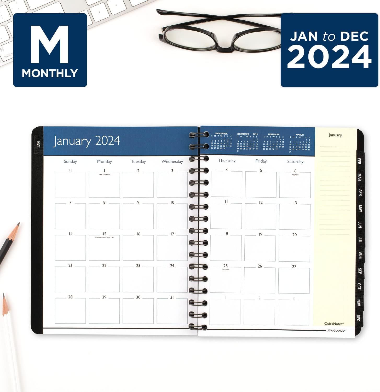 AT-A-GLANCE Agenda semanal y mensual 2024, 6-12 x 8-34 pulgadas, mediano, notas rápidas, negro (7602520524)