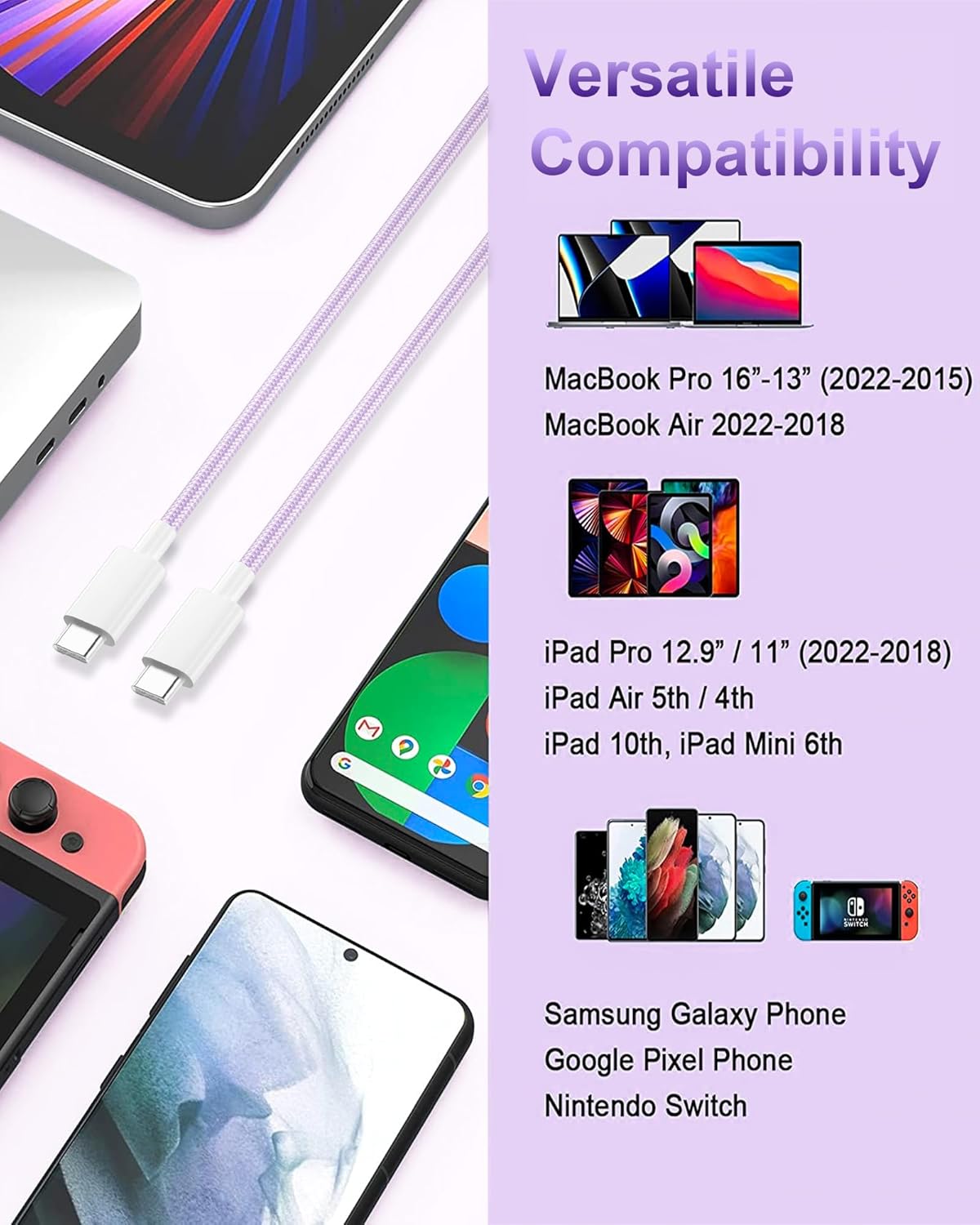 Cable USB C a USB C  Cable de carga rápida tipo C a C de 100 W para iPhone 15 Pro MaxPlus Samsung S23 iPad Pro iPad AirMini MacBook ProAir Google