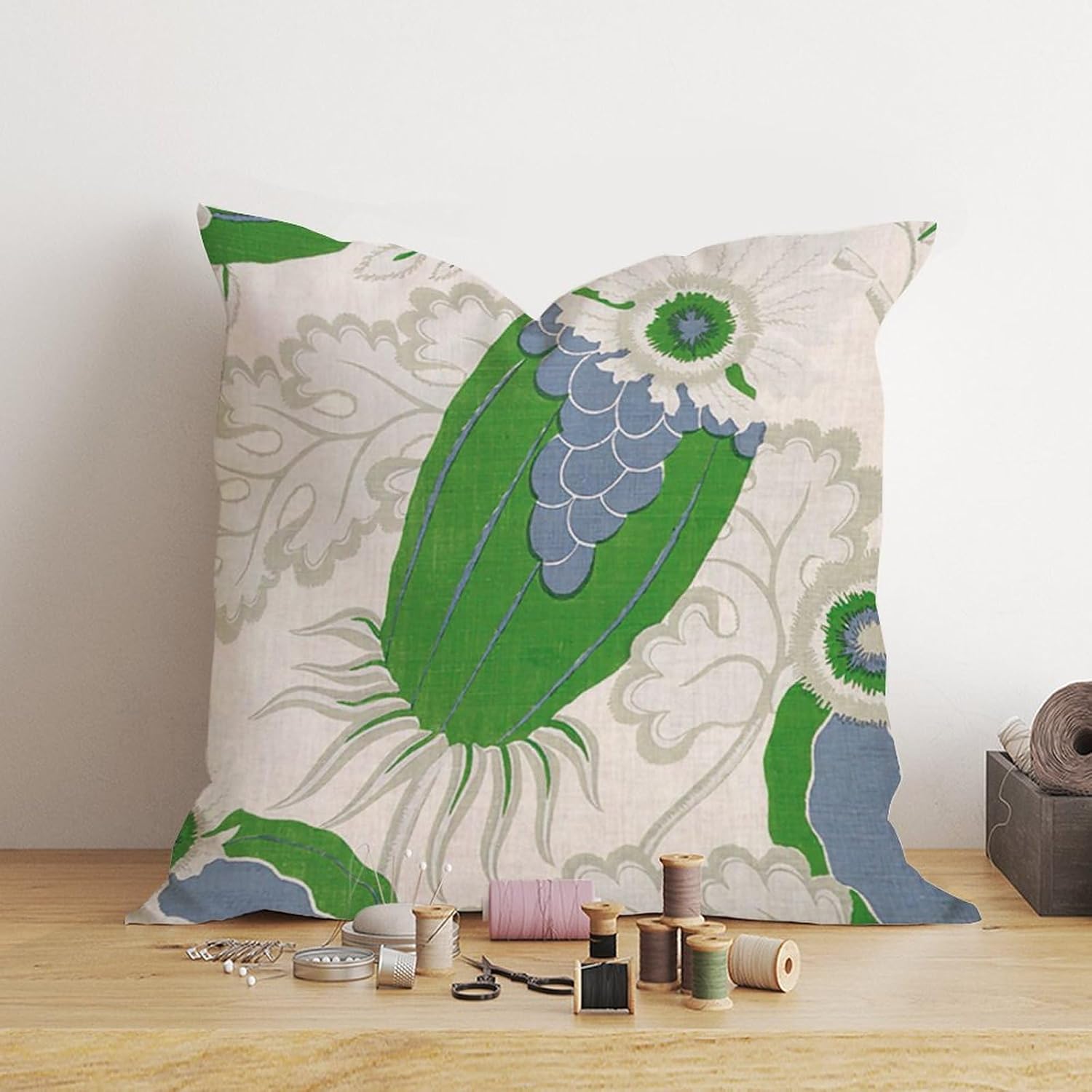 Funda de almohada estilo chinoiserie verde, floral, azul, marfil, funda de almohada europea verde, funda de cojín asiática, 20 x 20 pulgadas, funda
