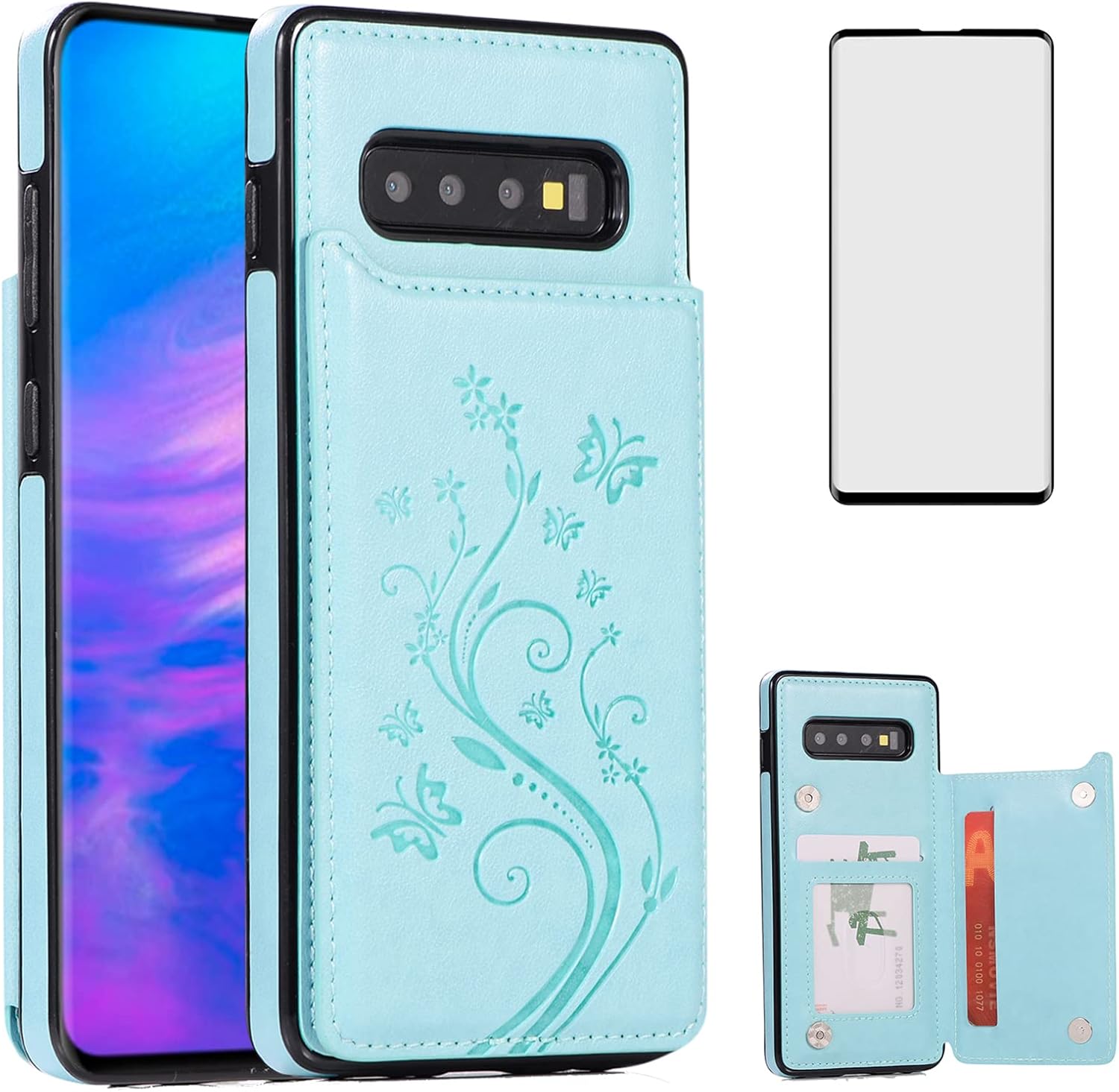 Funda de teléfono para Samsung Galaxy S10 Plus con protector de pantalla de vidrio templado y tarjetero con soporte para tarjetero, accesorios de
