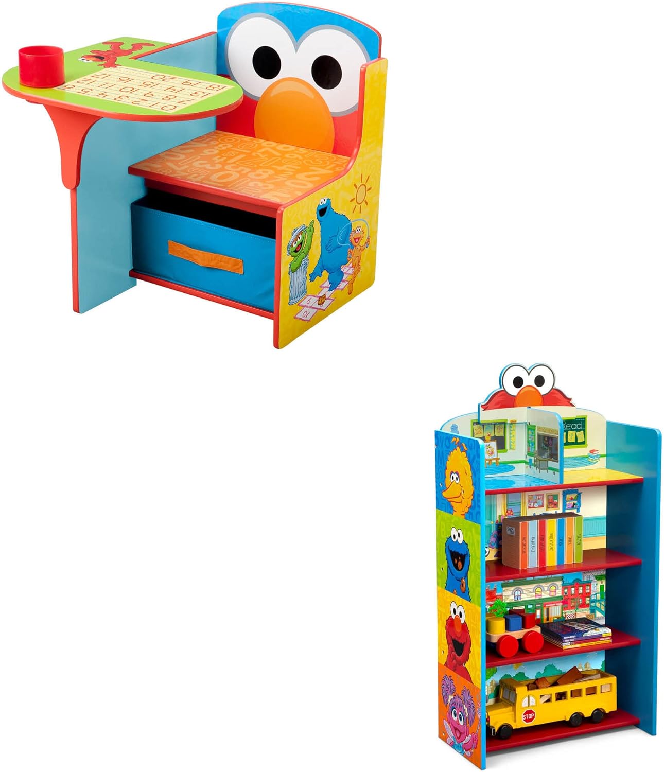 Delta Children Escritorio con silla con contenedor de almacenamiento + estantería de madera de 4 estantes para niños, Plaza Sésamo (paquete)