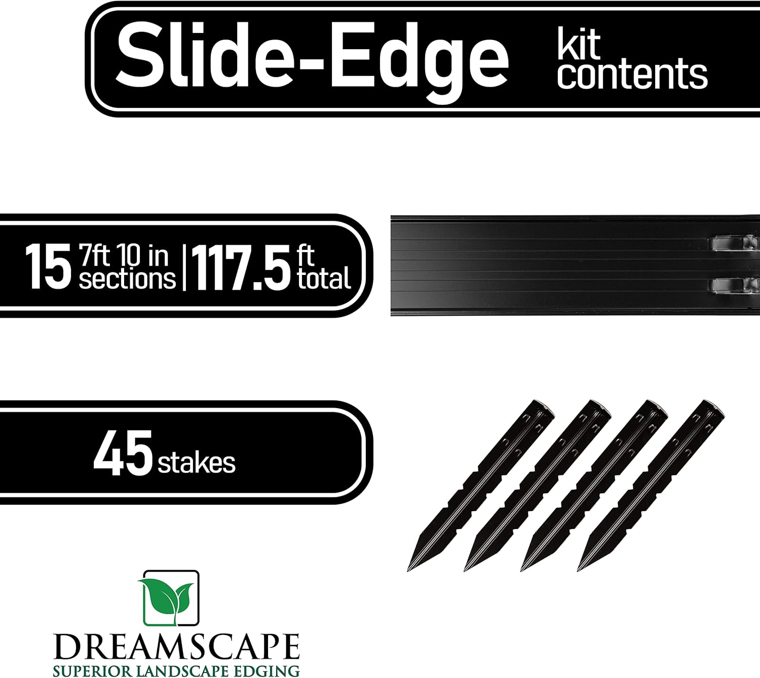 Dreamscape SlideEdge – Bordes de aluminio para paisajismo, 16 tiras, 7 pies 10 pies cada una (117.5 pies en total), pintura negra, borde de
