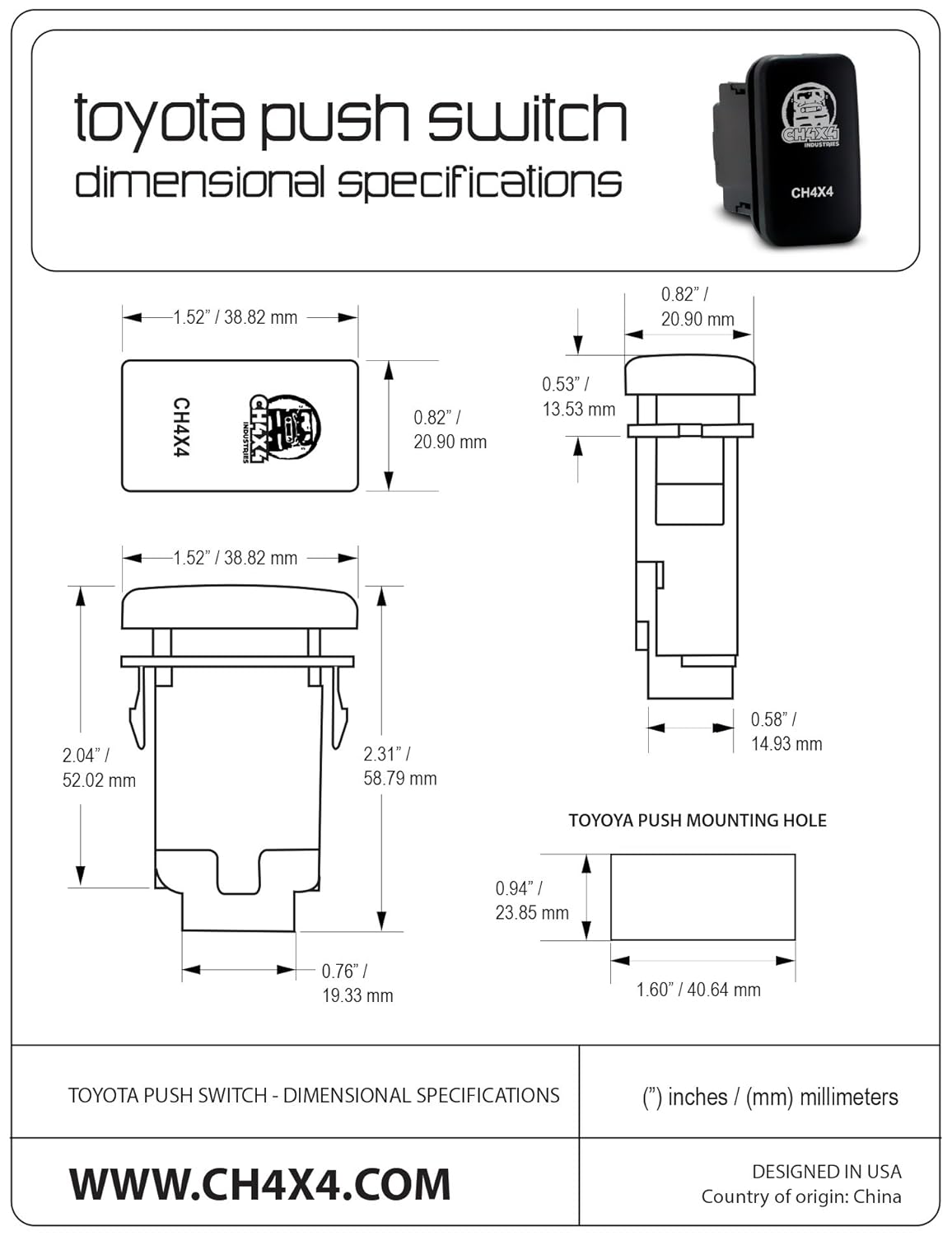 CH4X4 – Interruptor pulsador para Toyota Tacoma, FJ Cruiser, Land Cruiser, Fortuner, Hilux, 4Runner, Prado 12V 3Amp – Símbolo de bloqueo de difusión