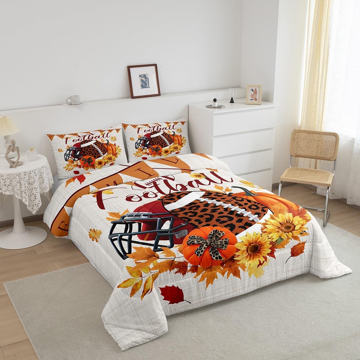 TYTS8656ZMD-BZ_USk – Juego de edredón de fútbol americano, ropa de cama de otoño con girasoles y calabaza, tamaño King, juegos deportivos de dibujos