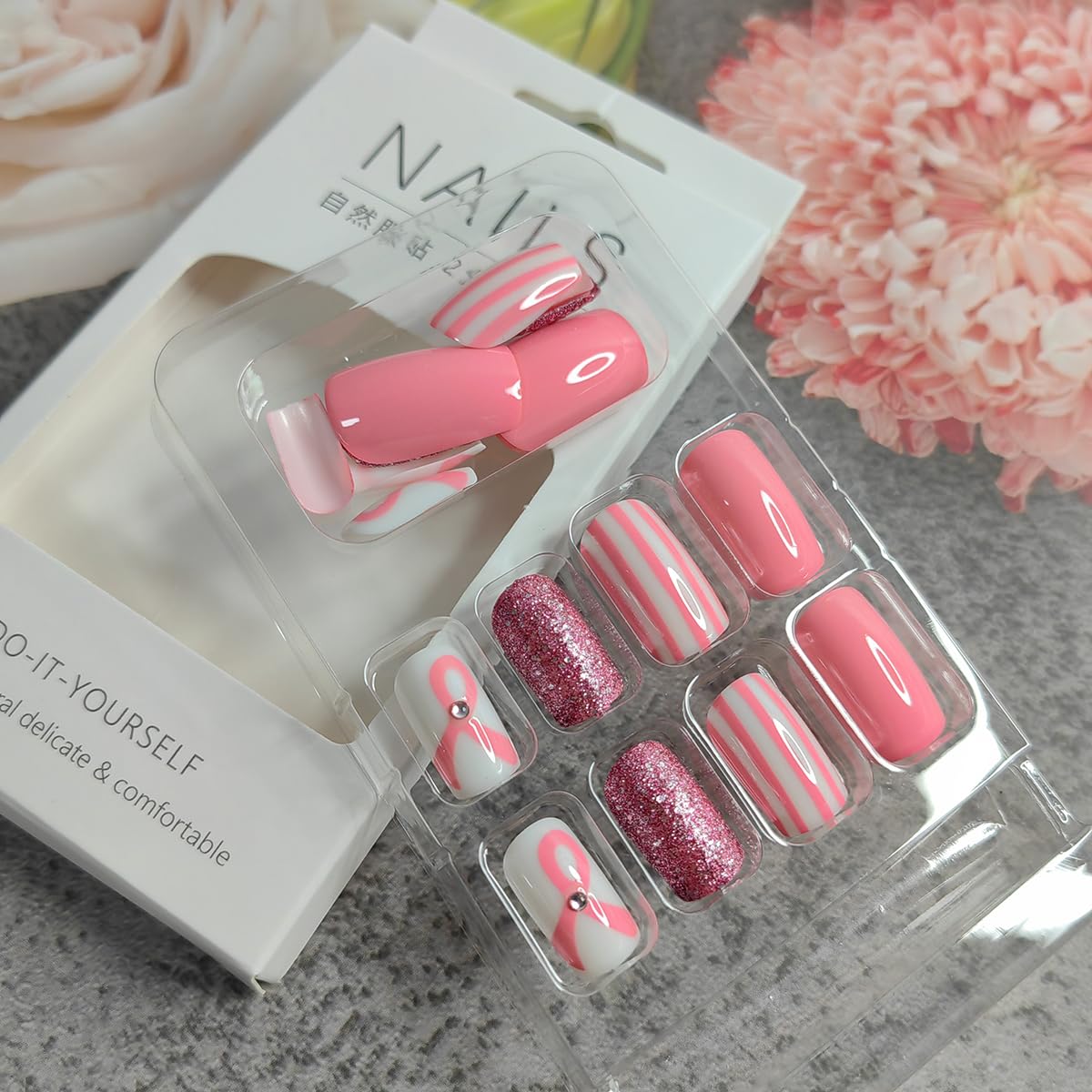 24 uñas postizas cuadradas a presión sobre cáncer de mama, uñas postizas medianas con cinta rosa con diamantes de imitación brillantes, uñas