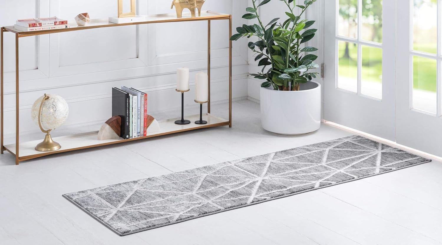 Unique Loom Matrix Trellis Collection – Alfombra geométrica (2 pies 7 pulgadas x 13 pies 1 pulgada, grismarfil)
